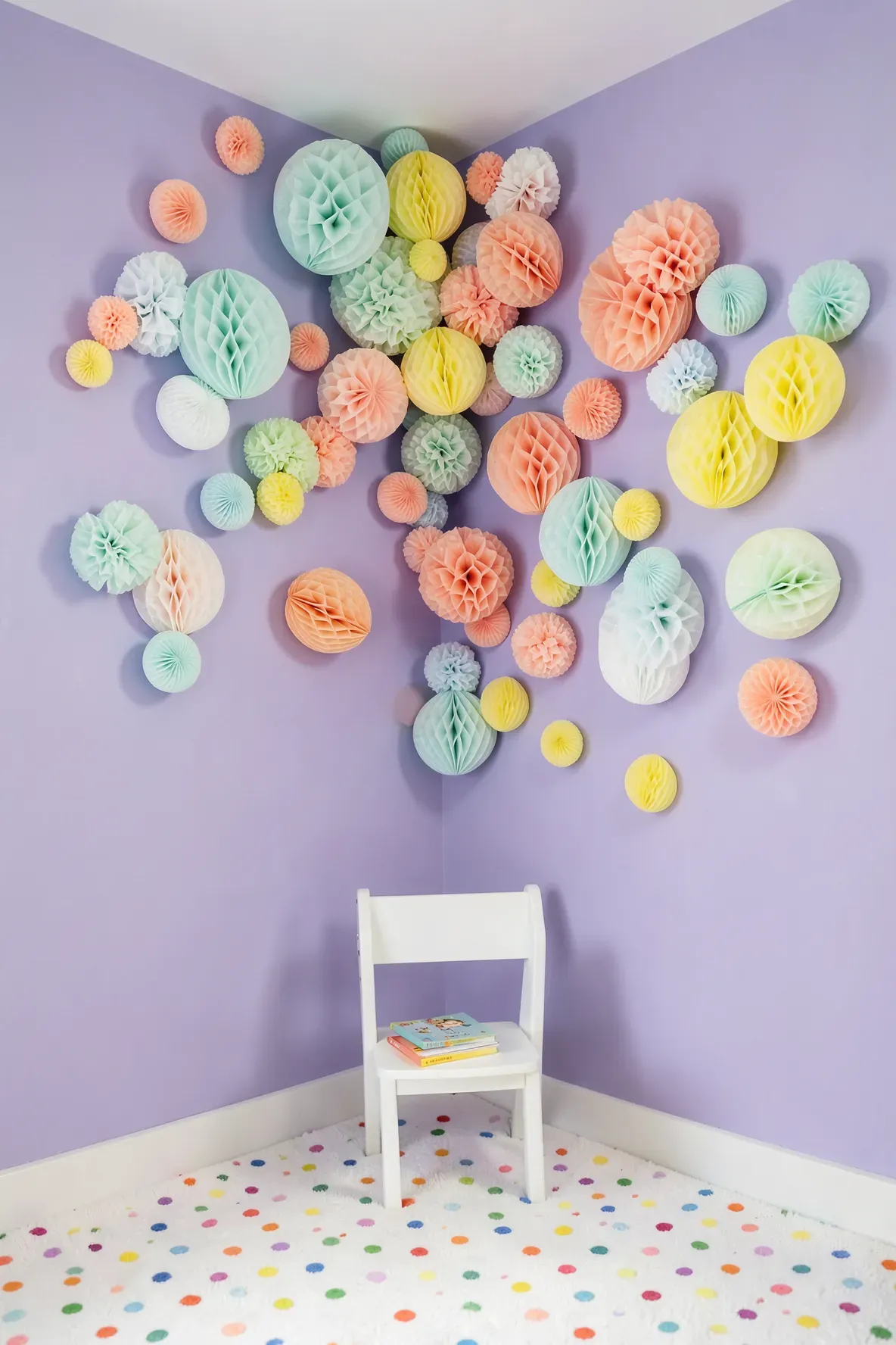 Colorful paper pom poms and honeycomb balls clustered in the corner of a lavender kids room.
