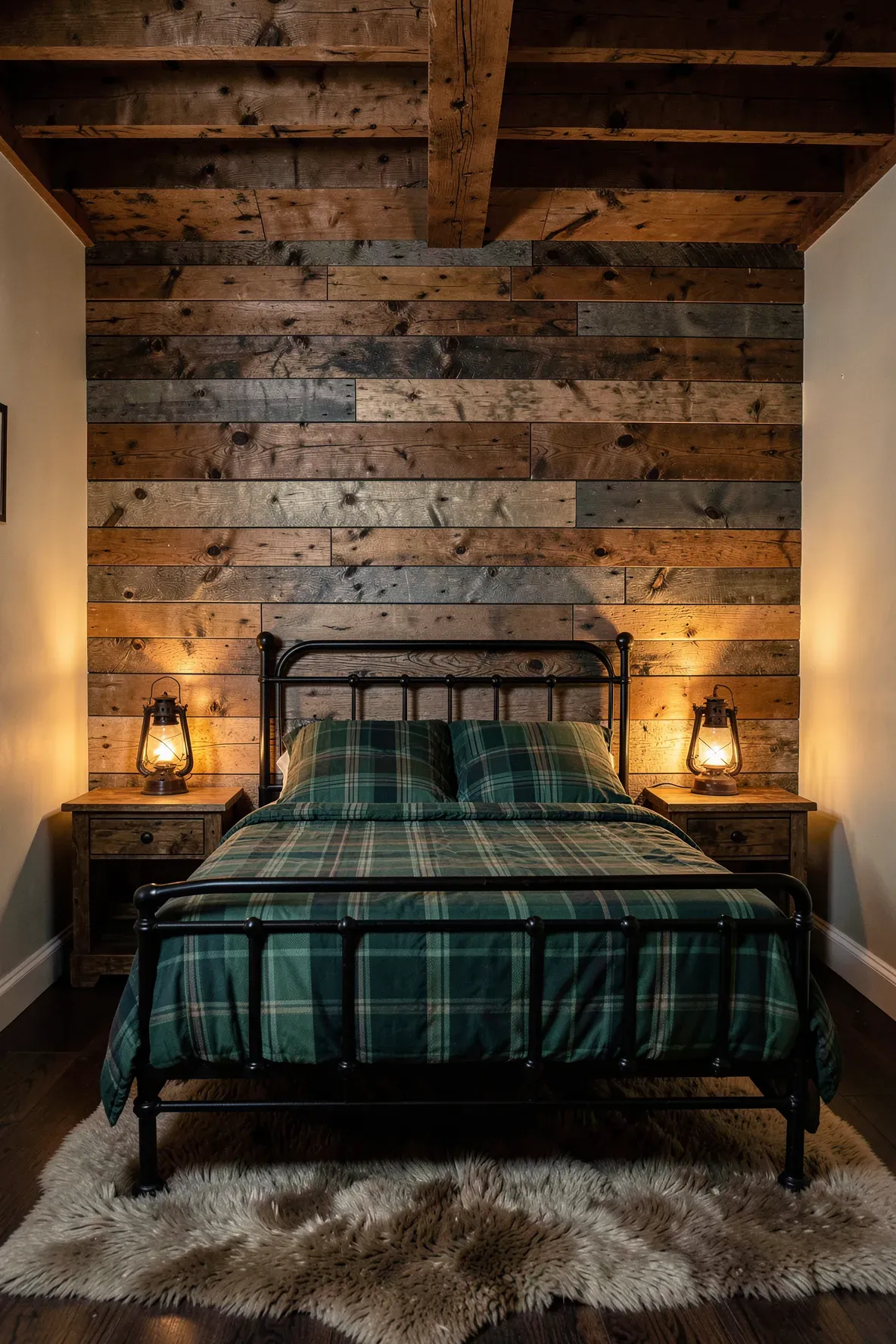 A rustic kids bedroom featuring an accent wall made of textured reclaimed wood planks.