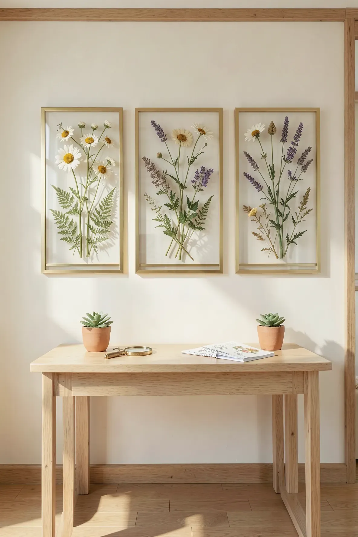 Three brass floating frames with pressed flowers hanging on a cream wall above a wooden desk.