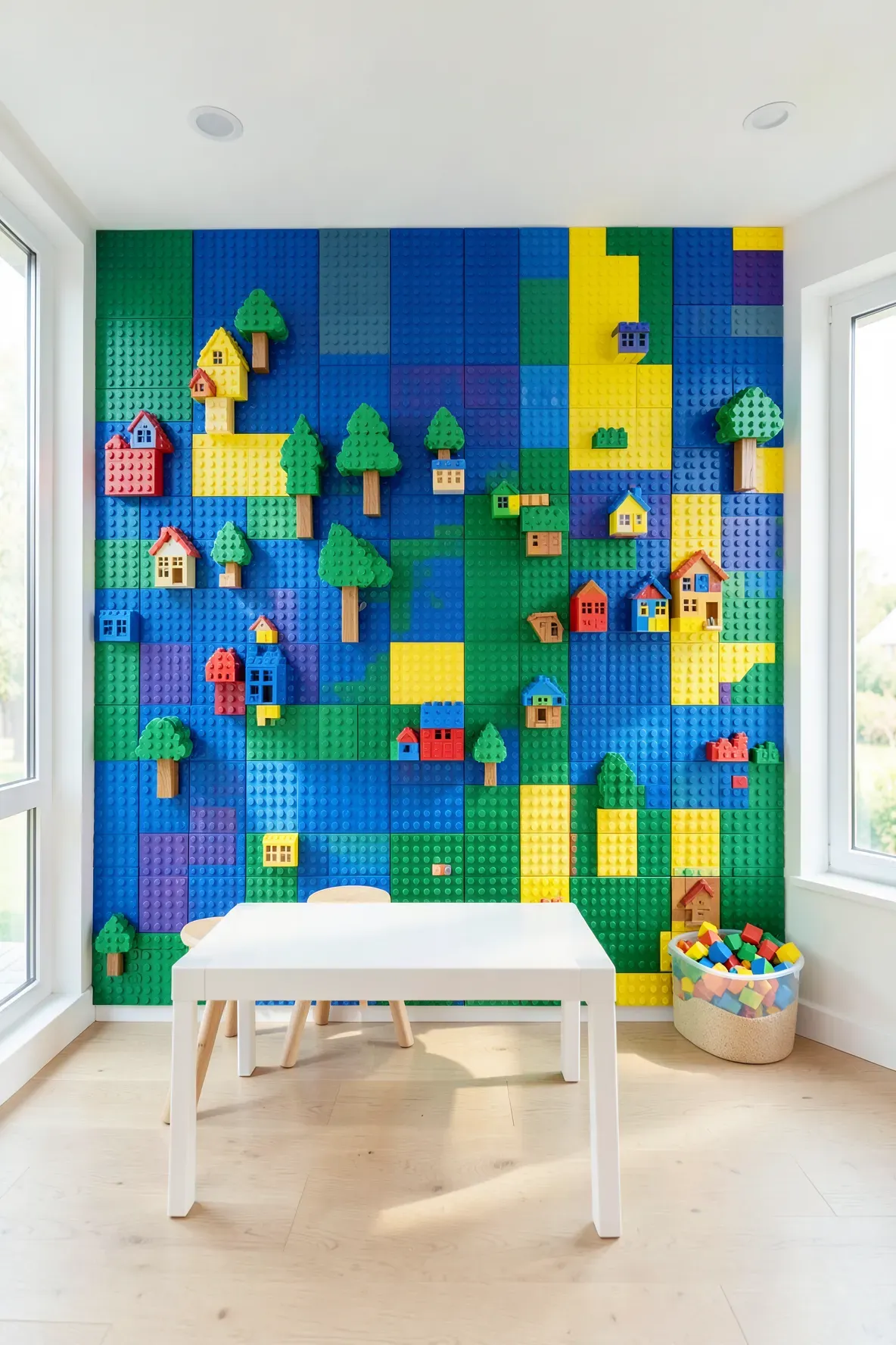 A colorful wall covered in Lego baseplates with 3D brick creations in a bright playroom.