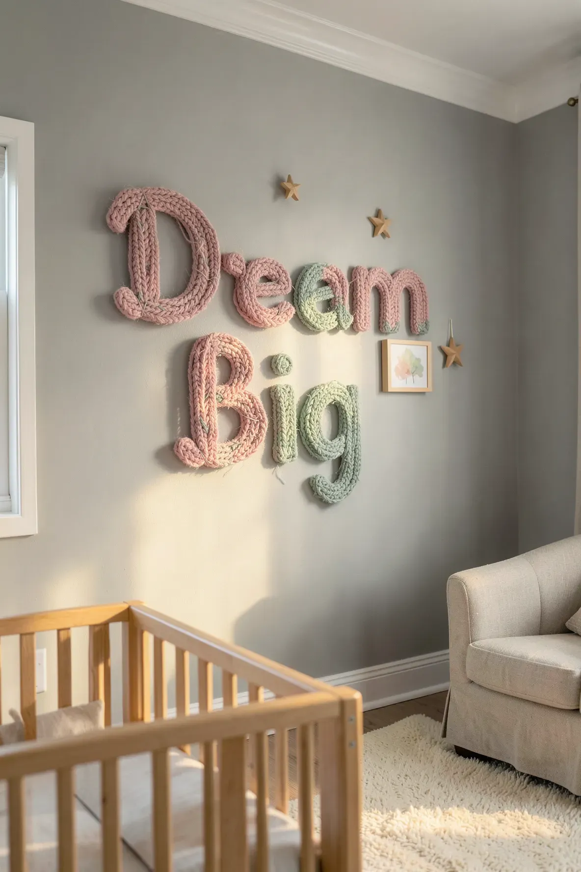 Pastel knitted wire words spelling 'Dream Big' on a soft grey nursery wall.