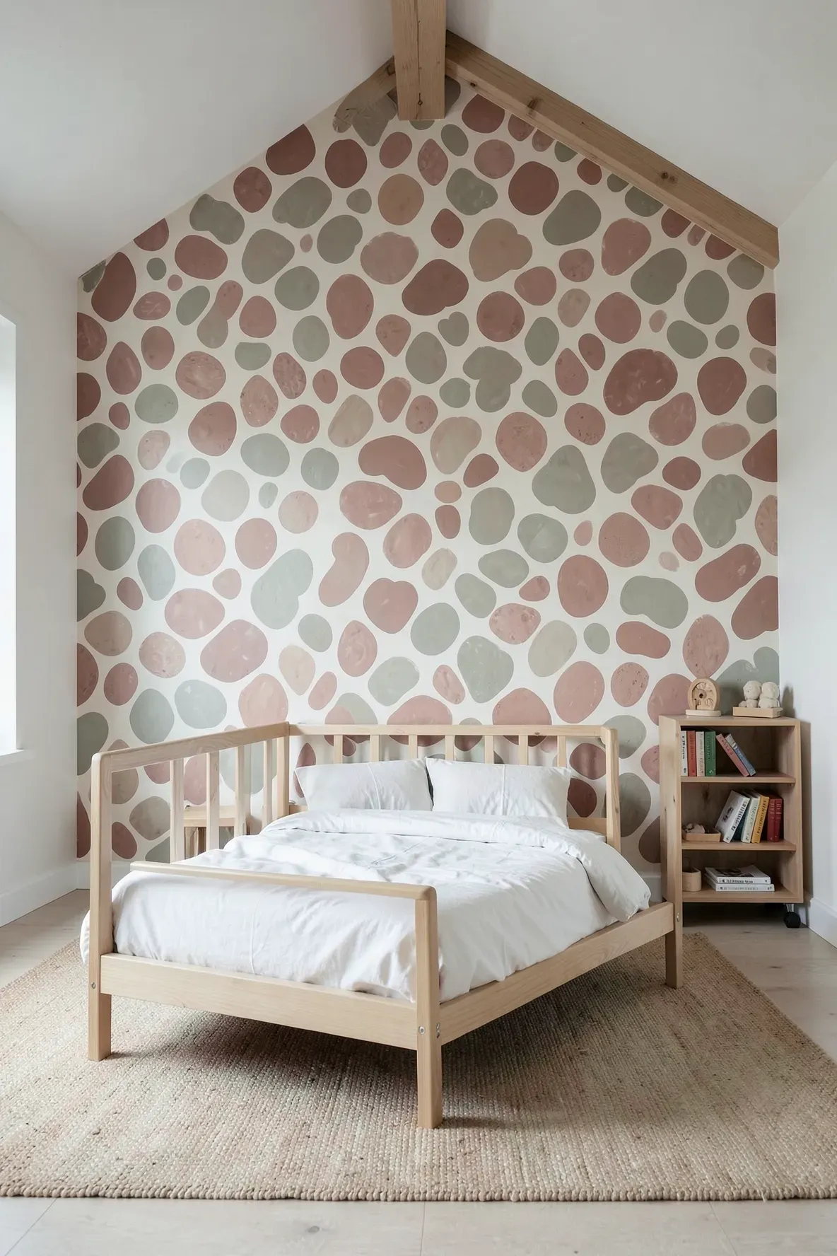 An accent wall with muted sage and rose sponge-painted patterns in a minimalist kids room.
