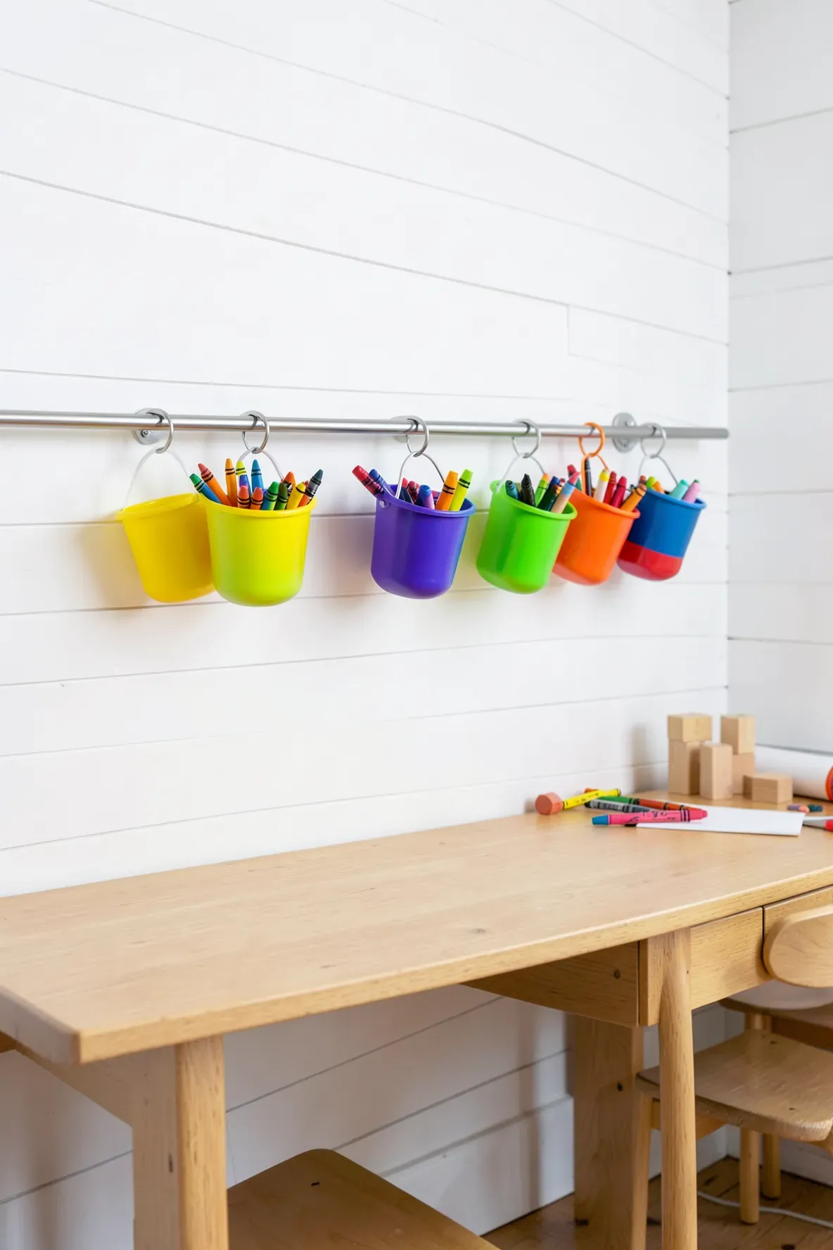 Colorful cups hanging from a wall rail filled with crayons and markers above a wooden desk.