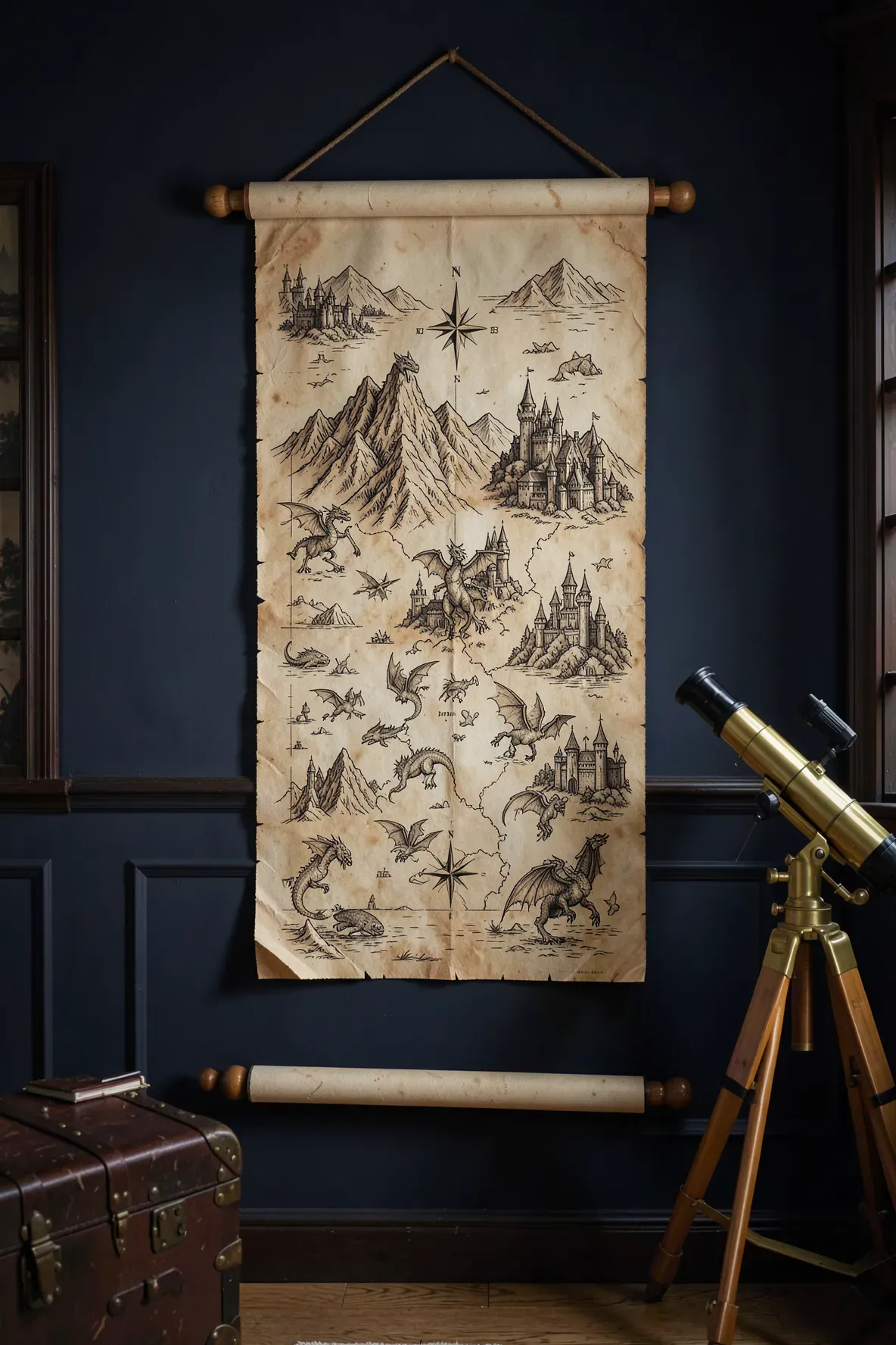 A vintage-style hanging scroll map of a fantasy land on a dark navy blue wall.