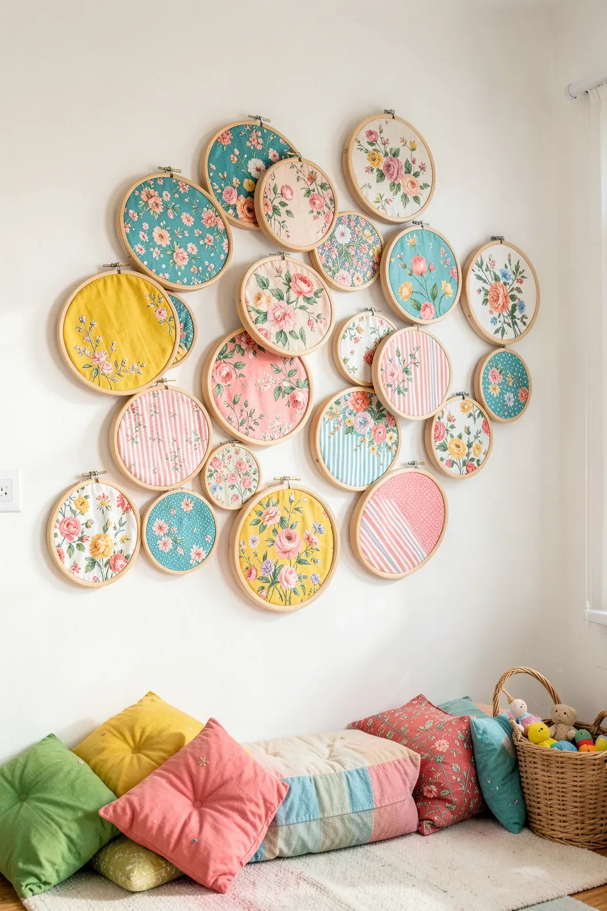 A cluster of wooden embroidery hoops with colorful patterned fabrics on a white wall.