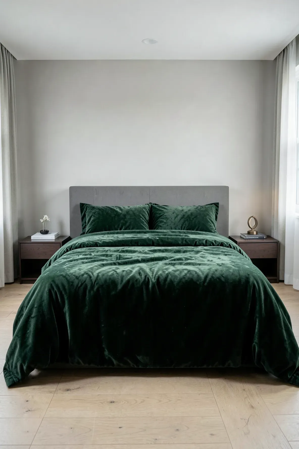 A plush forest green velvet comforter on a bed in a bright room with light-colored walls and wooden floors.