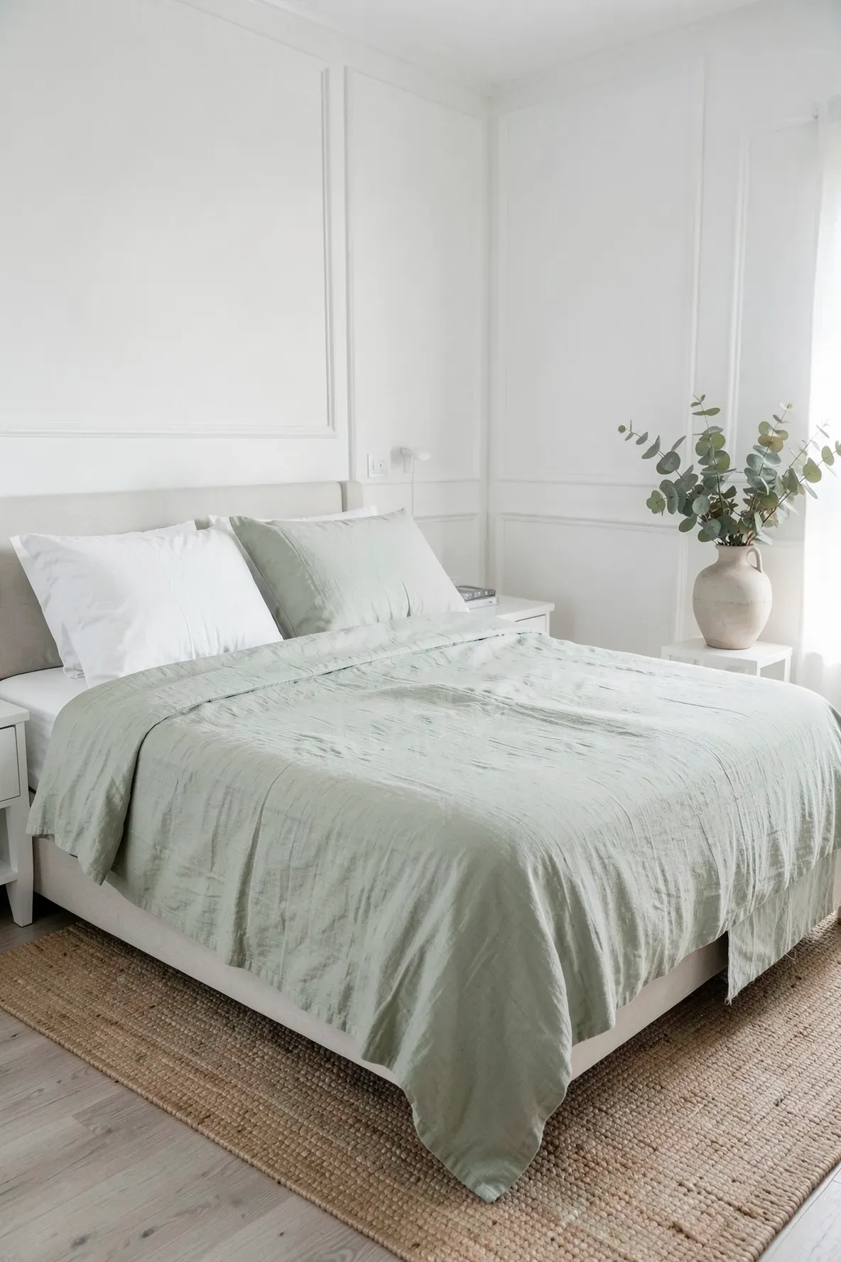 Relaxed sage green linen sheets paired with bright white pillows in a sun-drenched minimalist bedroom.