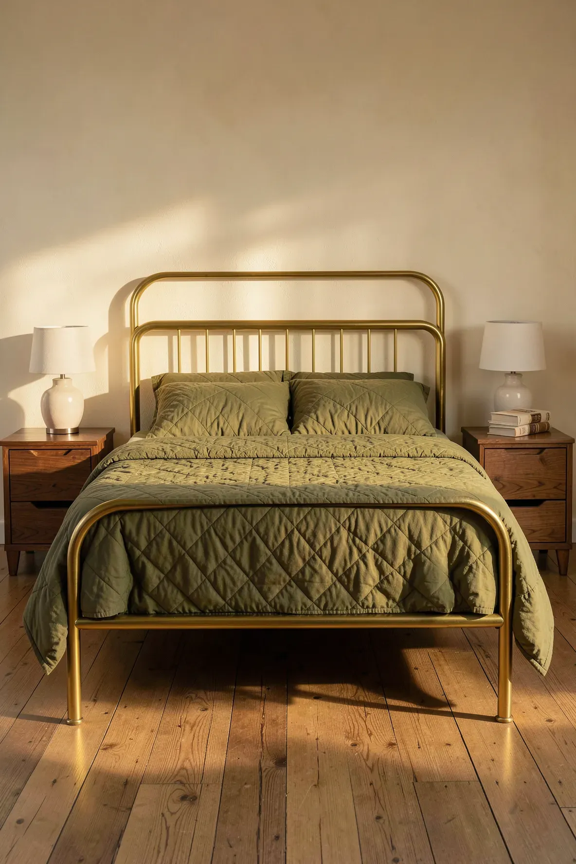 An earthy olive green quilt on a classic brass bed frame with mid-century modern walnut furniture.