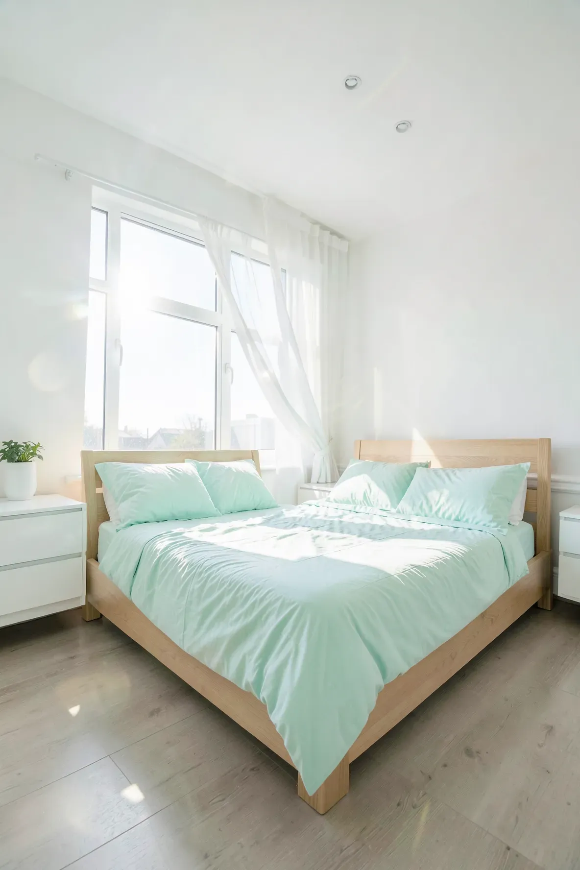 A bright mint green duvet in a sunlit white bedroom with light oak furniture and a refreshing vibe.