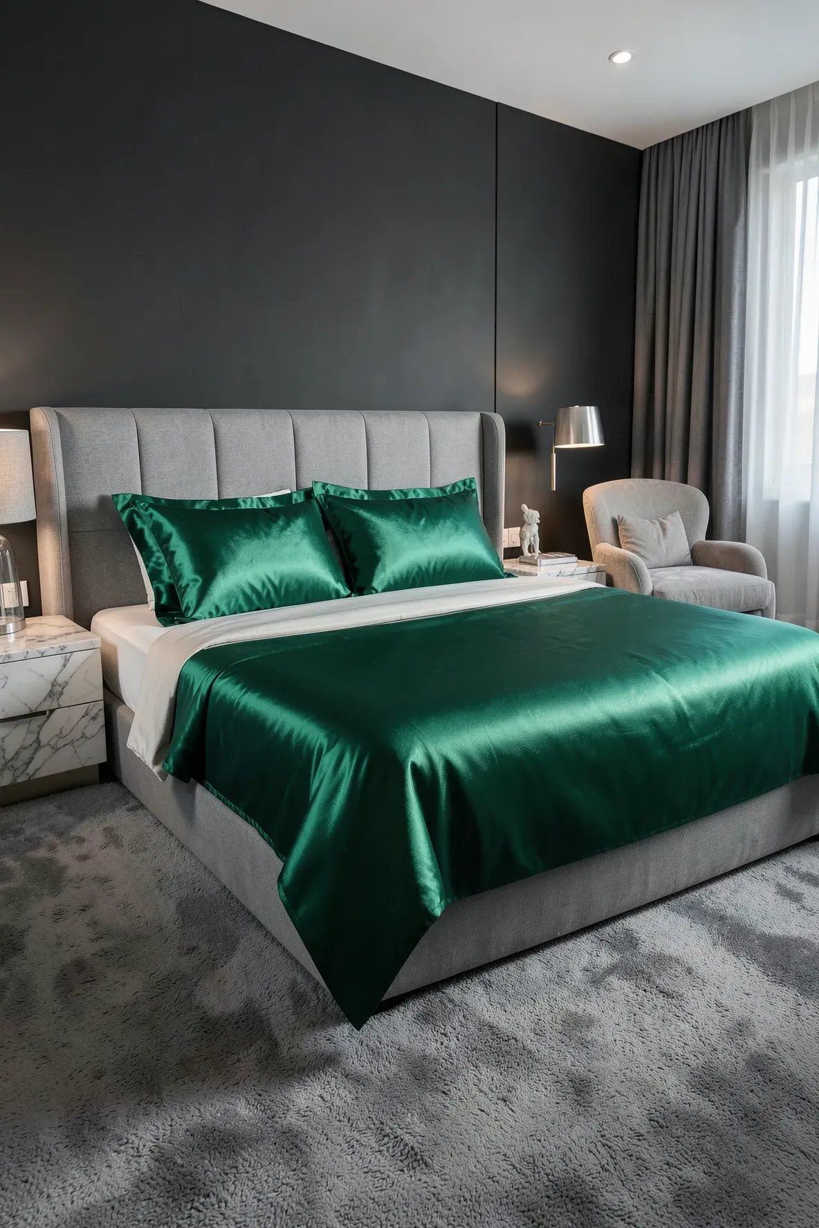 Vibrant emerald green silk pillowcases providing a luxurious accent on a neutral grey and white bed.