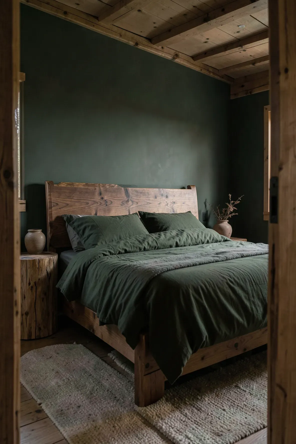Dark moss green bedding paired with a walnut headboard in a rustic, organic bedroom setting.