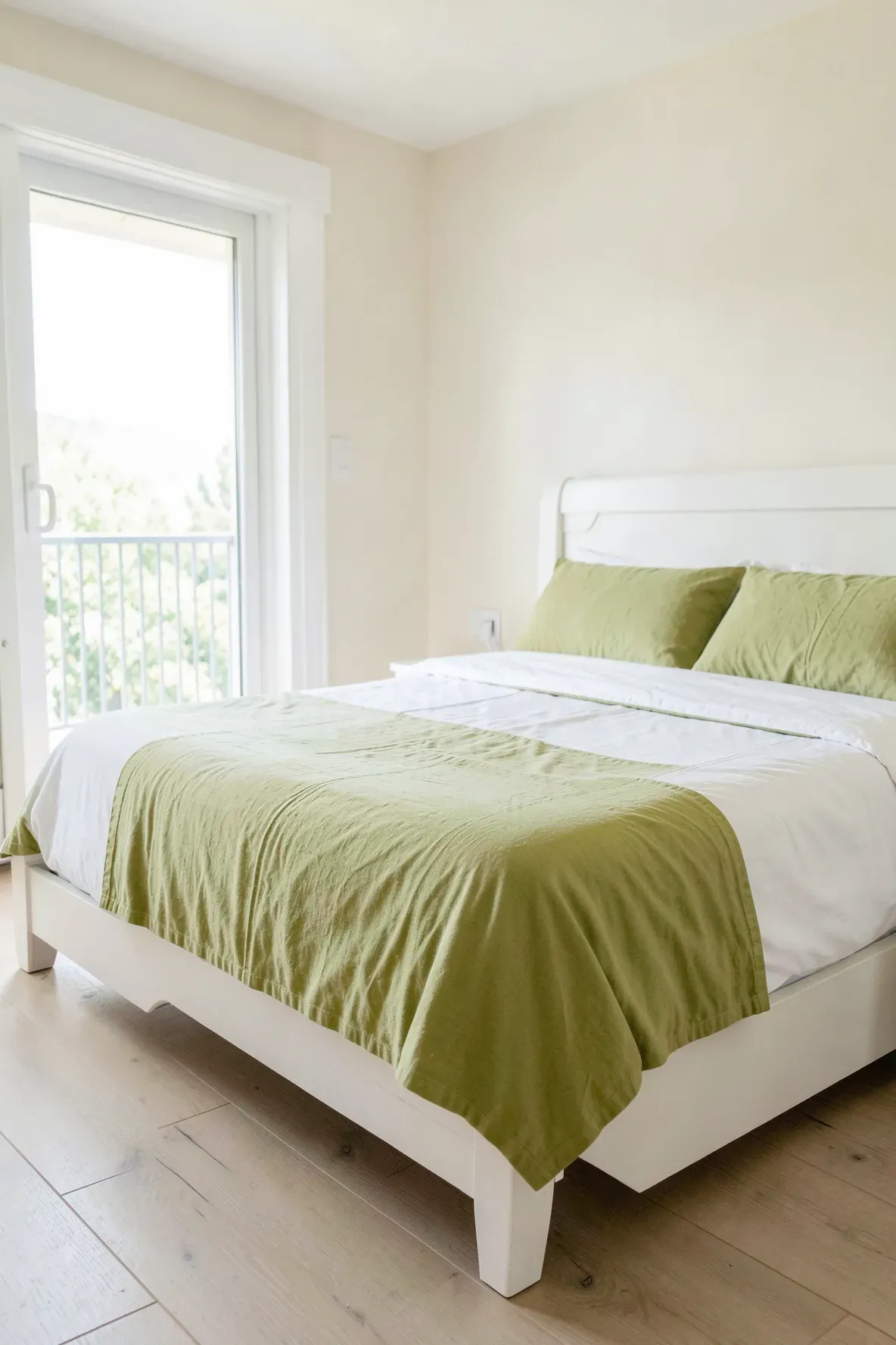A light pistachio green cotton coverlet layered on white sheets in a bright, airy summer bedroom.