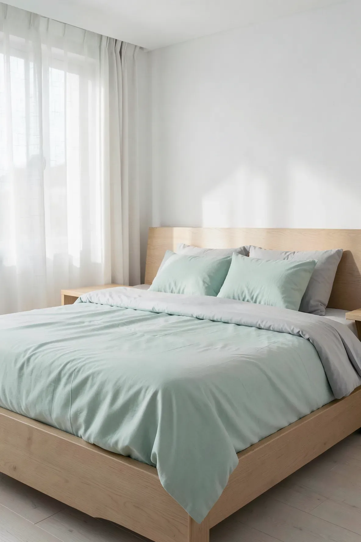 A relaxing bedroom with seafoam green bamboo sheets and a gray duvet on a light wood bed.