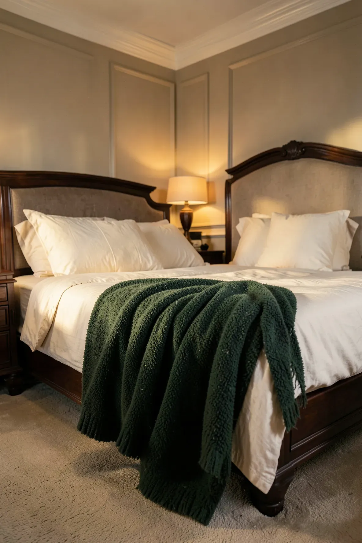 A hunter green wool blanket draped over cream bedding in a warm, traditional bedroom.