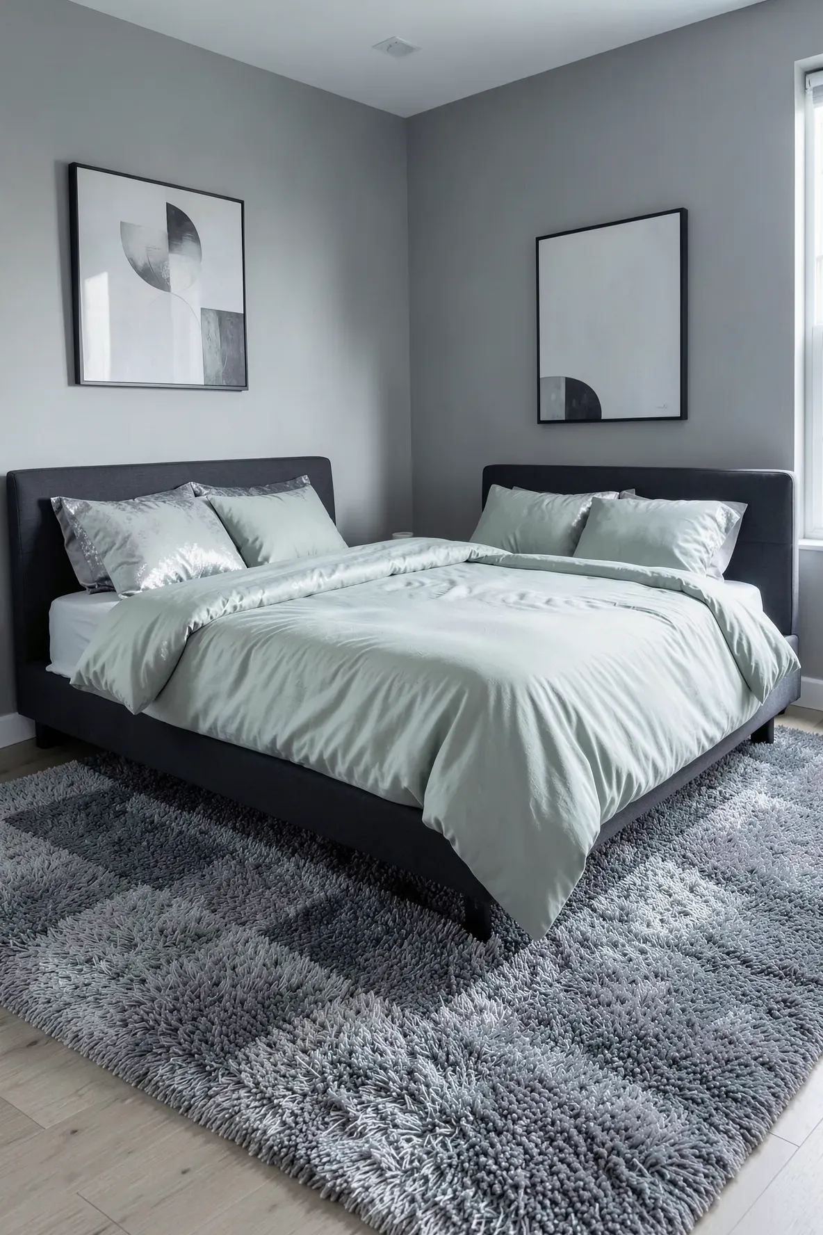 A pale eucalyptus green duvet paired with gray textured rugs in a modern bedroom.