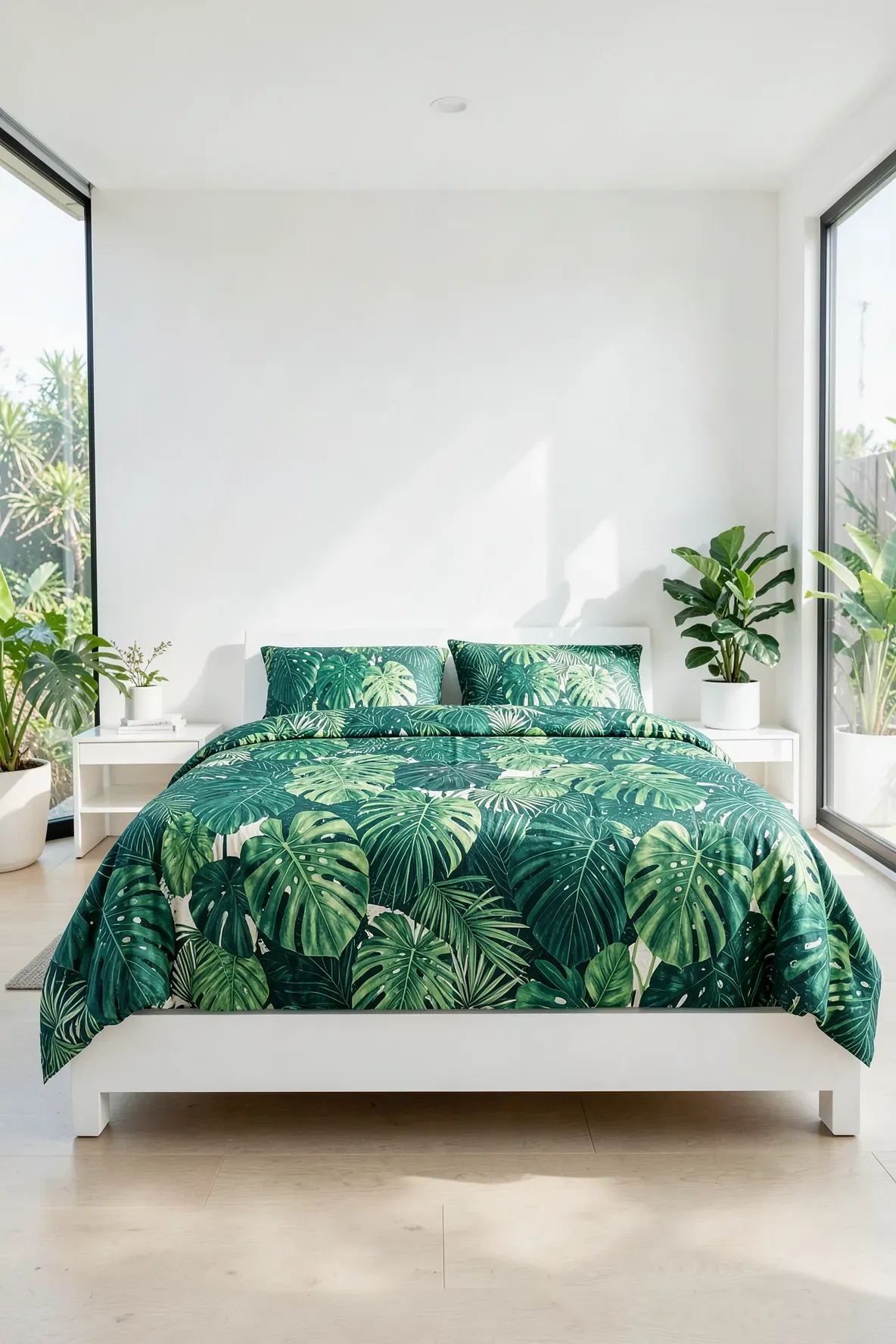 A bold jungle print comforter with large green leaf patterns on a white bed.