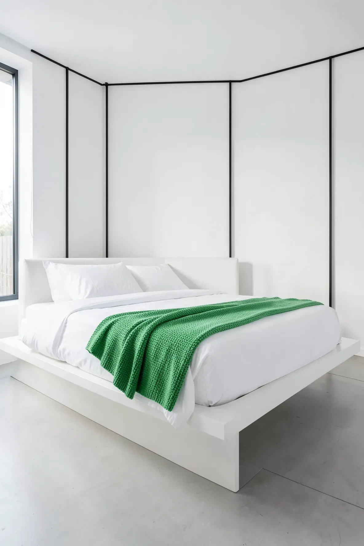 A bright kelly green throw blanket providing a pop of color on a crisp white bed.