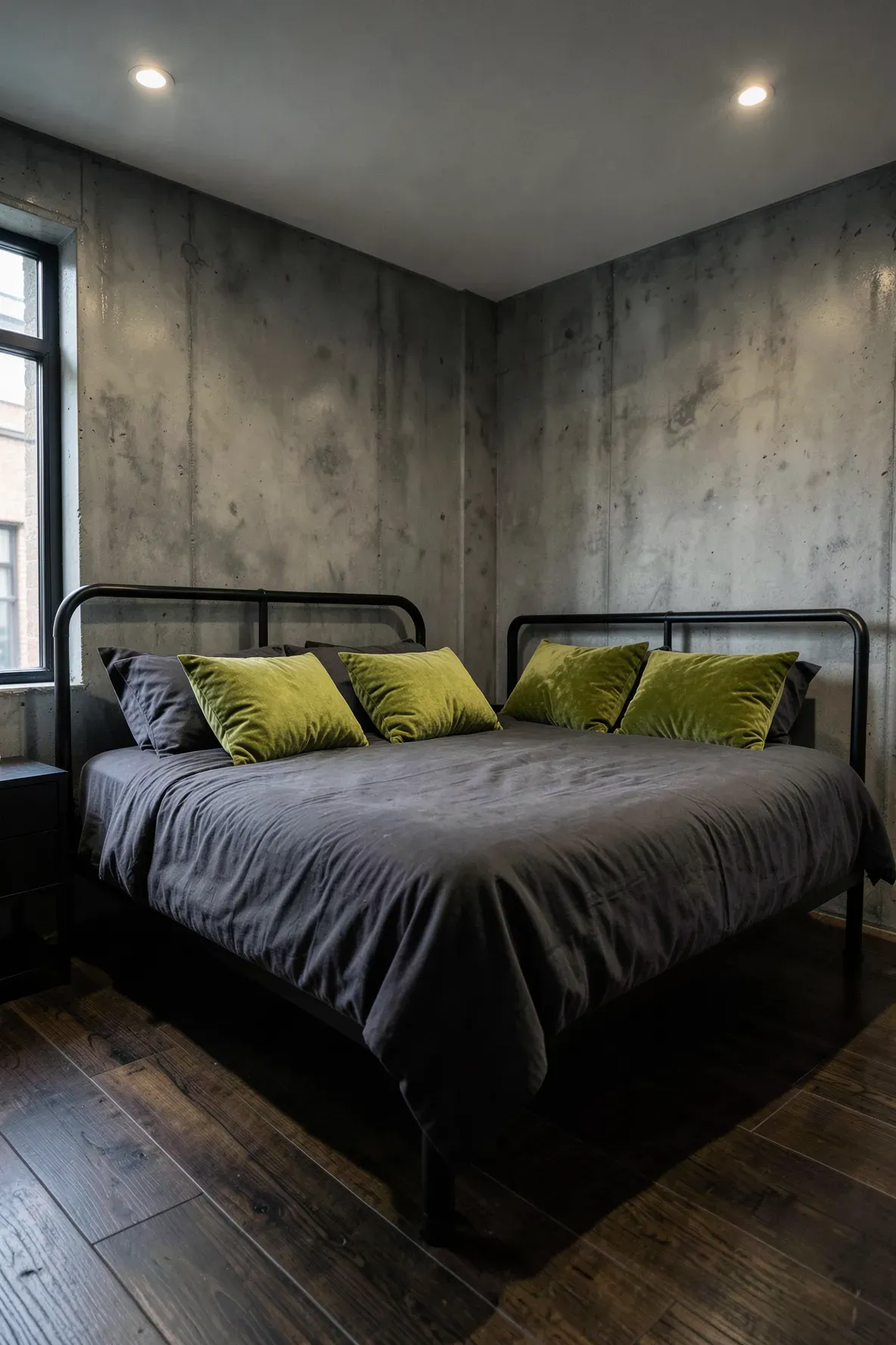 Bright chartreuse accent pillows on a dark charcoal gray comforter in a modern room.
