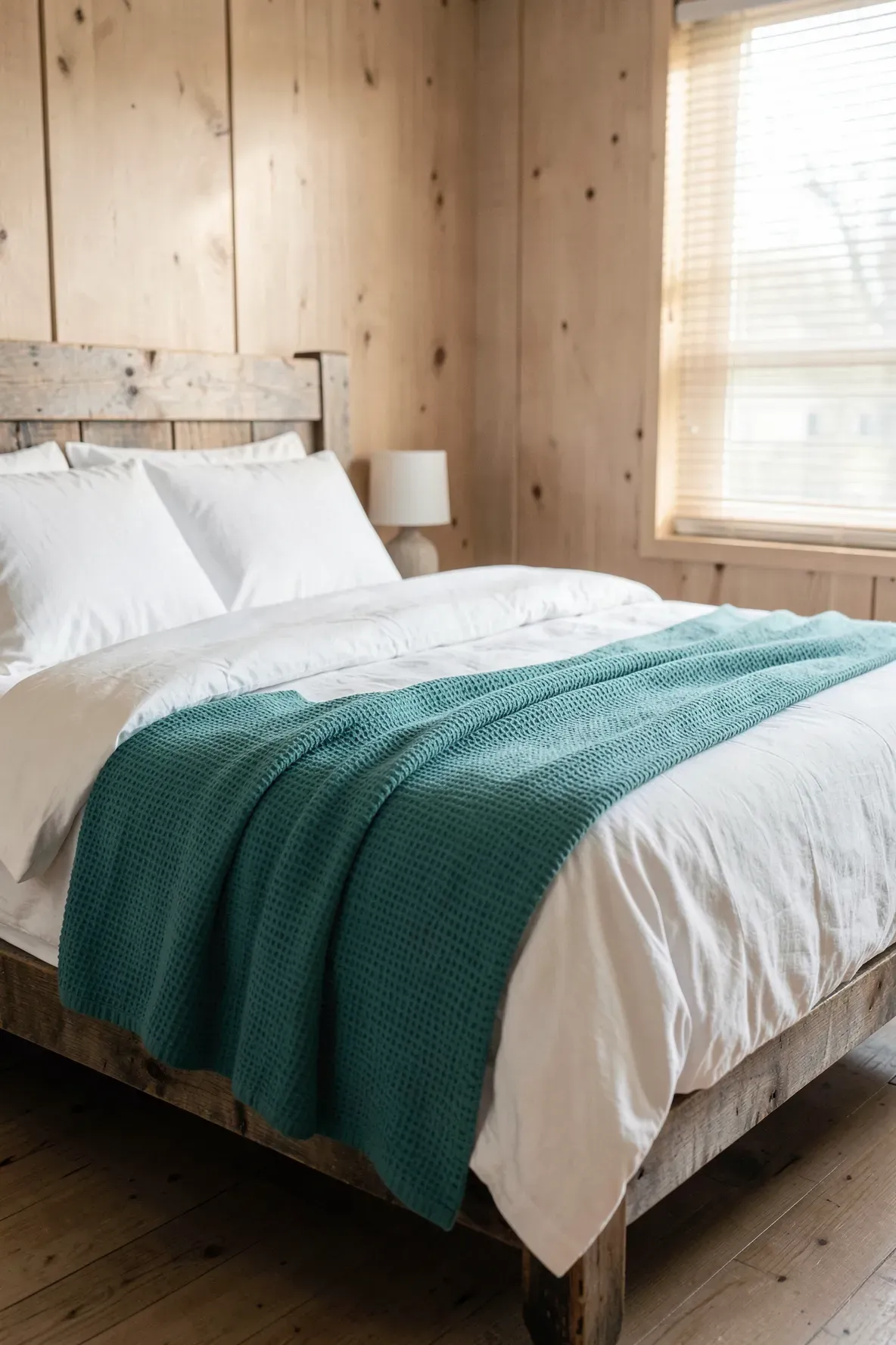A textured teal green waffle weave blanket layered on a cozy, rustic bed.