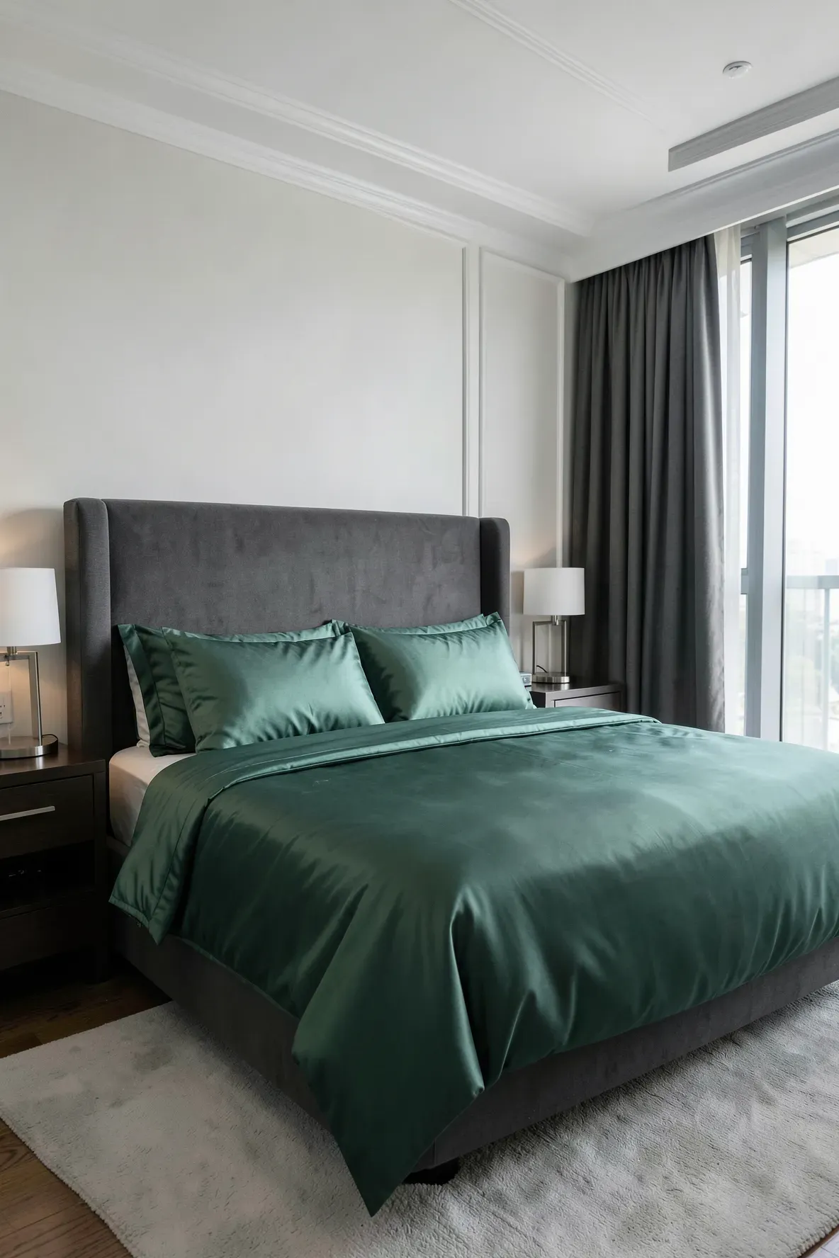 A luxurious bedroom featuring elegant jade green sateen sheets and a matching duvet with a soft sheen.