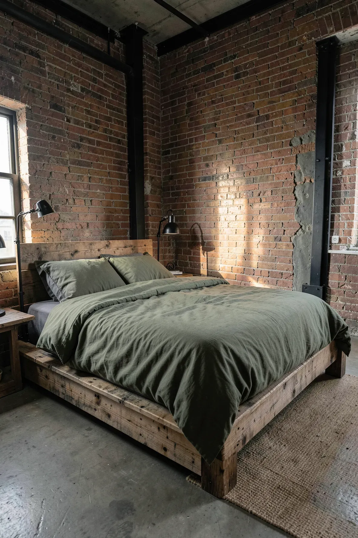 An industrial bedroom with an army green canvas duvet on a reclaimed wood bed with brick walls.