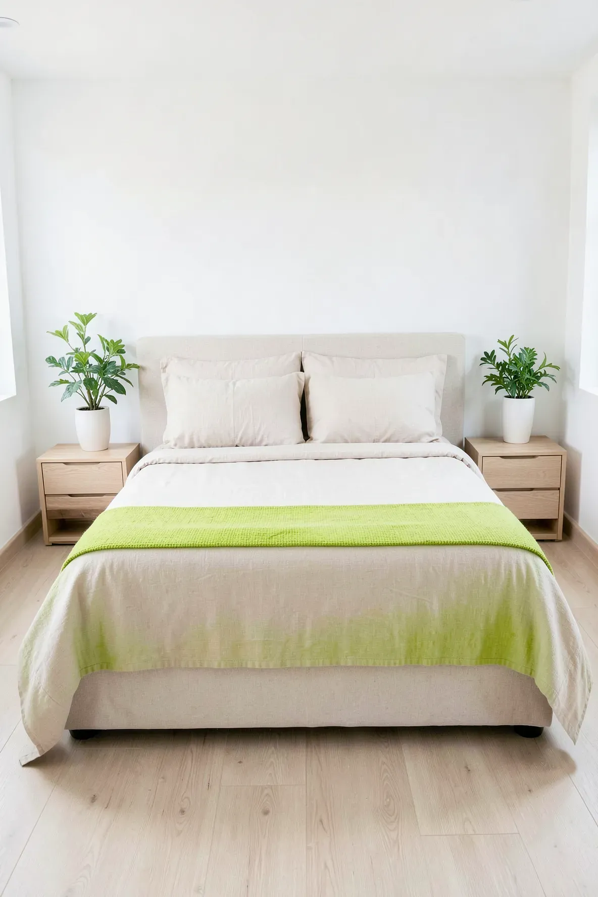 A bright bedroom with beige bedding and a vibrant lime green runner at the foot of the bed.