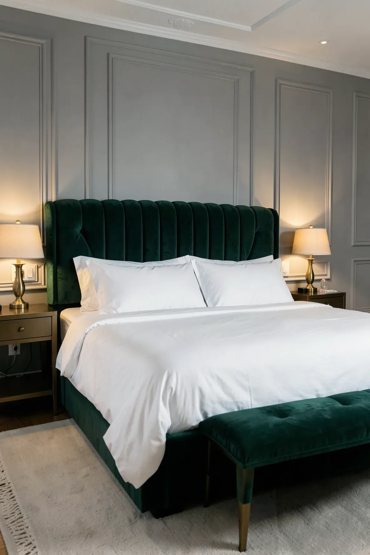 Deep veridian green velvet pillow shams acting as a focal point on a white-clothed bed.