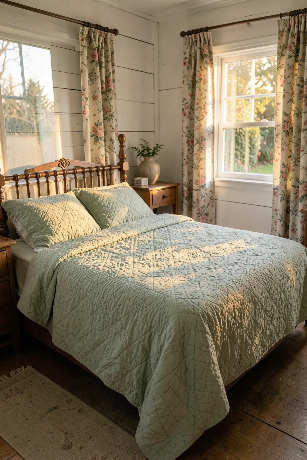 A traditional cottage bedroom with a soft fern green quilted bedspread and wooden furniture.