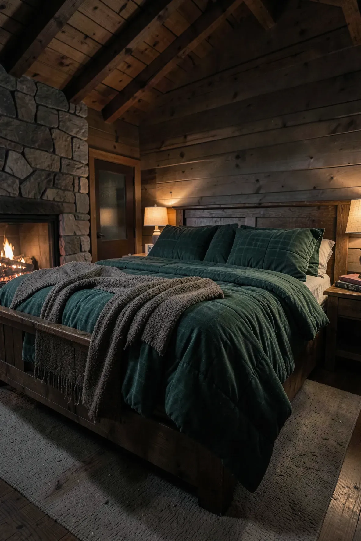 A cozy winter bedroom with dark pine green flannel sheets and warm fireplace lighting.