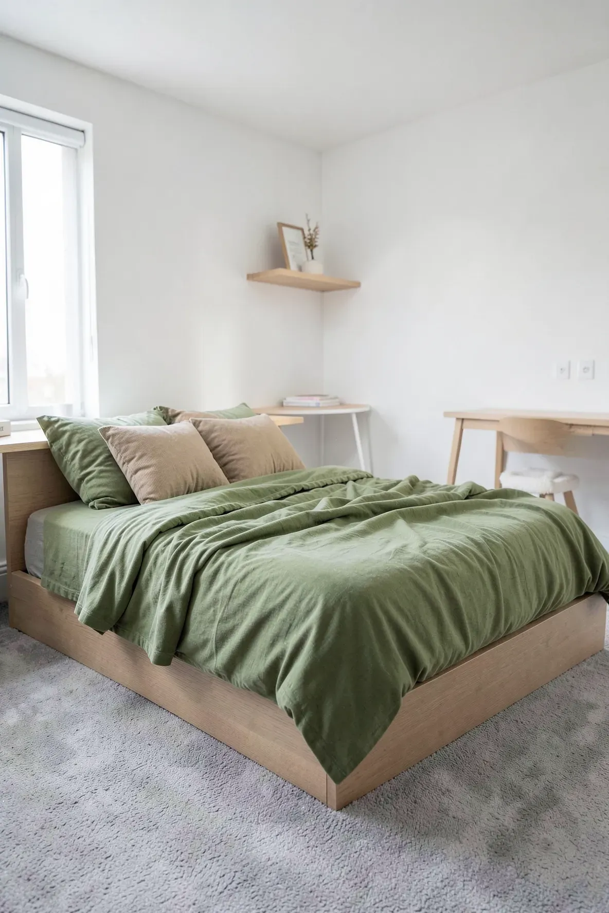 A casual modern bedroom with soft matcha green jersey knit bedding and a relaxed vibe.