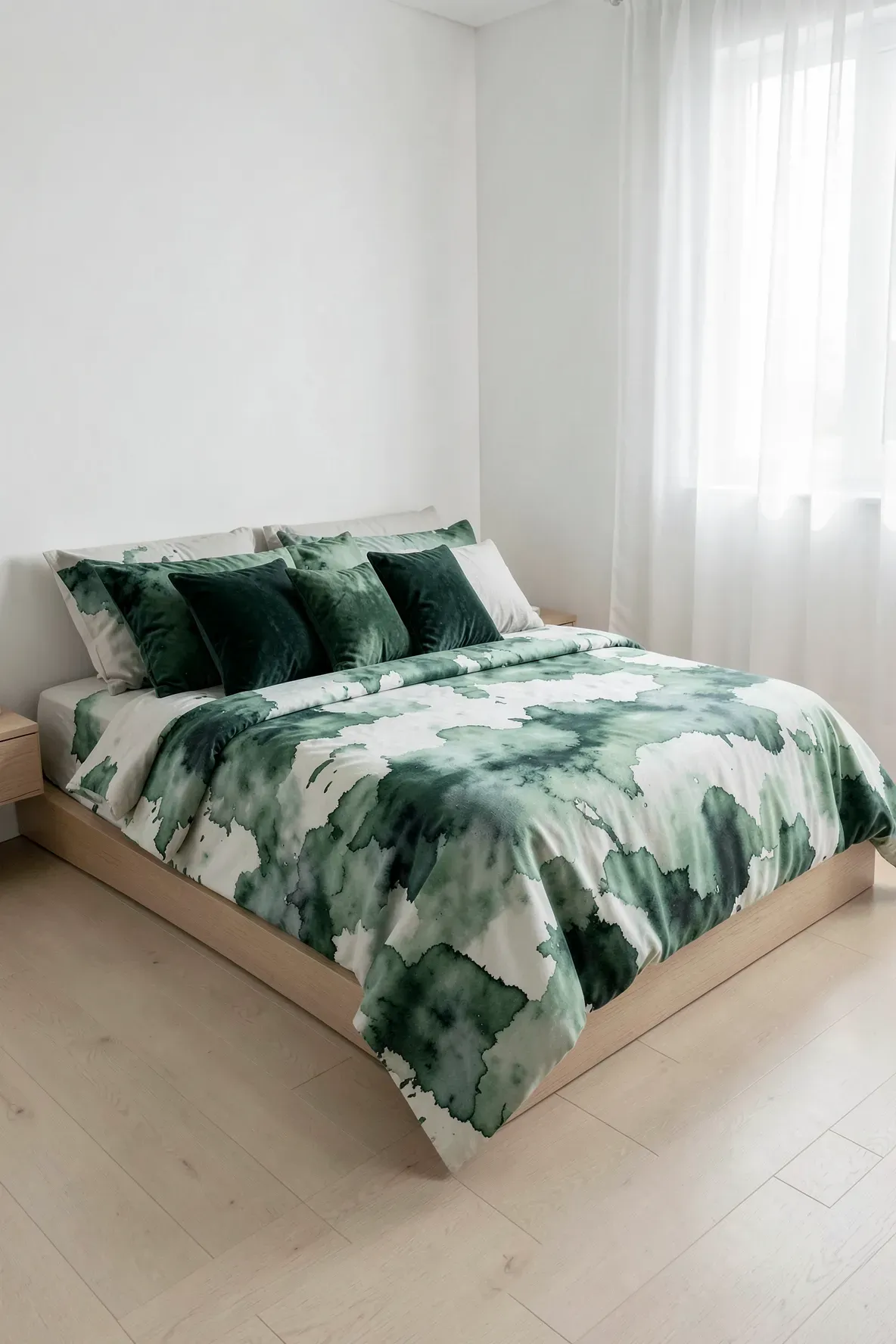 A modern bedroom featuring a bed with a green watercolor print duvet and matching pillows in a bright room.