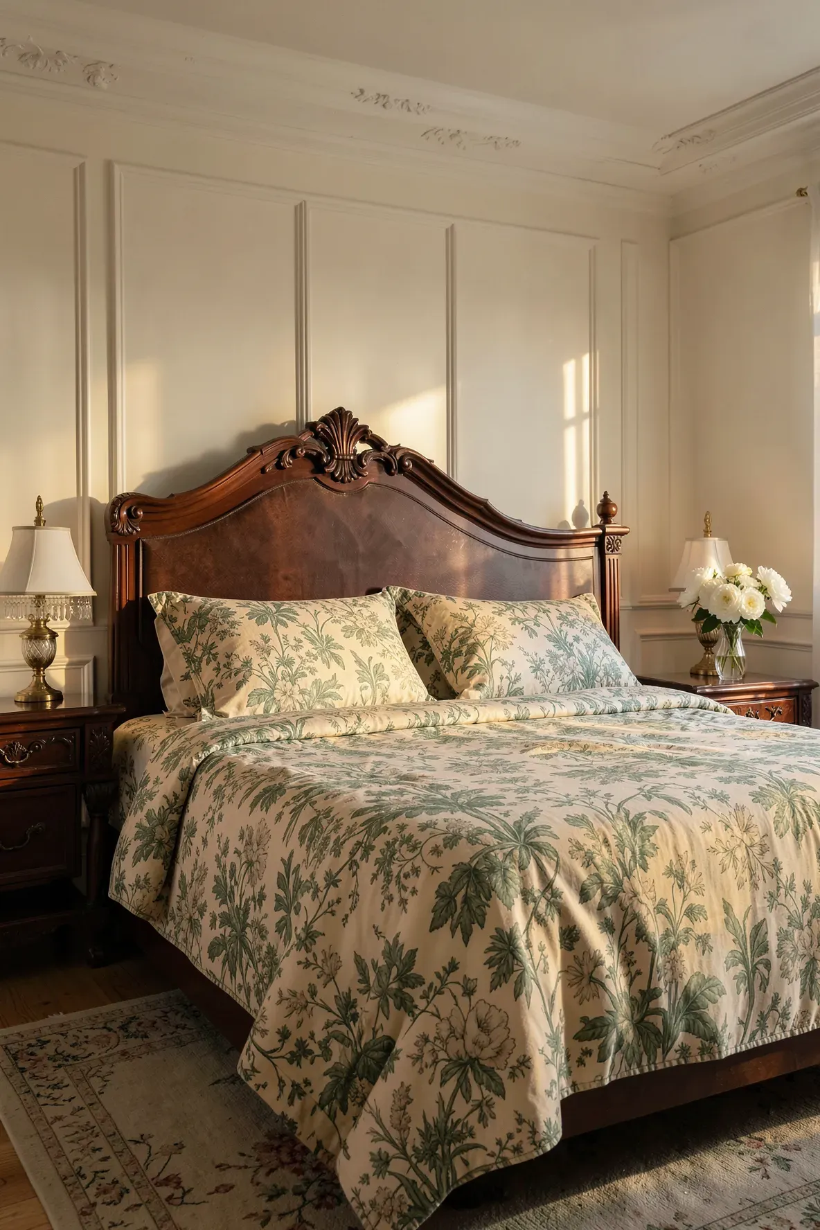 Traditional bedroom with green and cream toile floral bedding and an antique mahogany headboard.