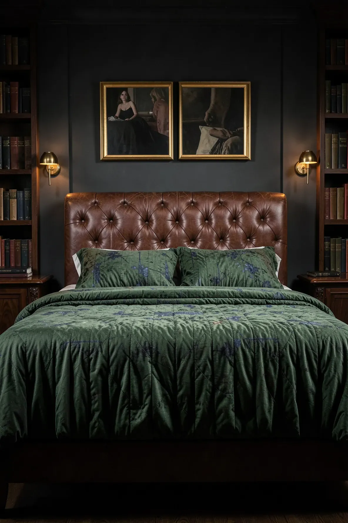 Luxurious bedroom with a dark spruce green comforter and a tufted brown leather headboard.