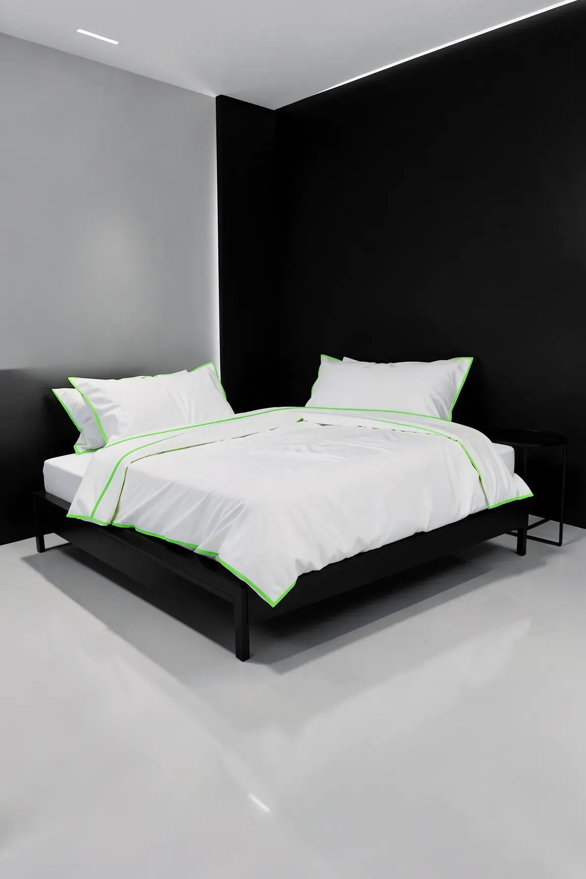 Minimalist black and white bedroom featuring white pillows with sharp neon green piping.