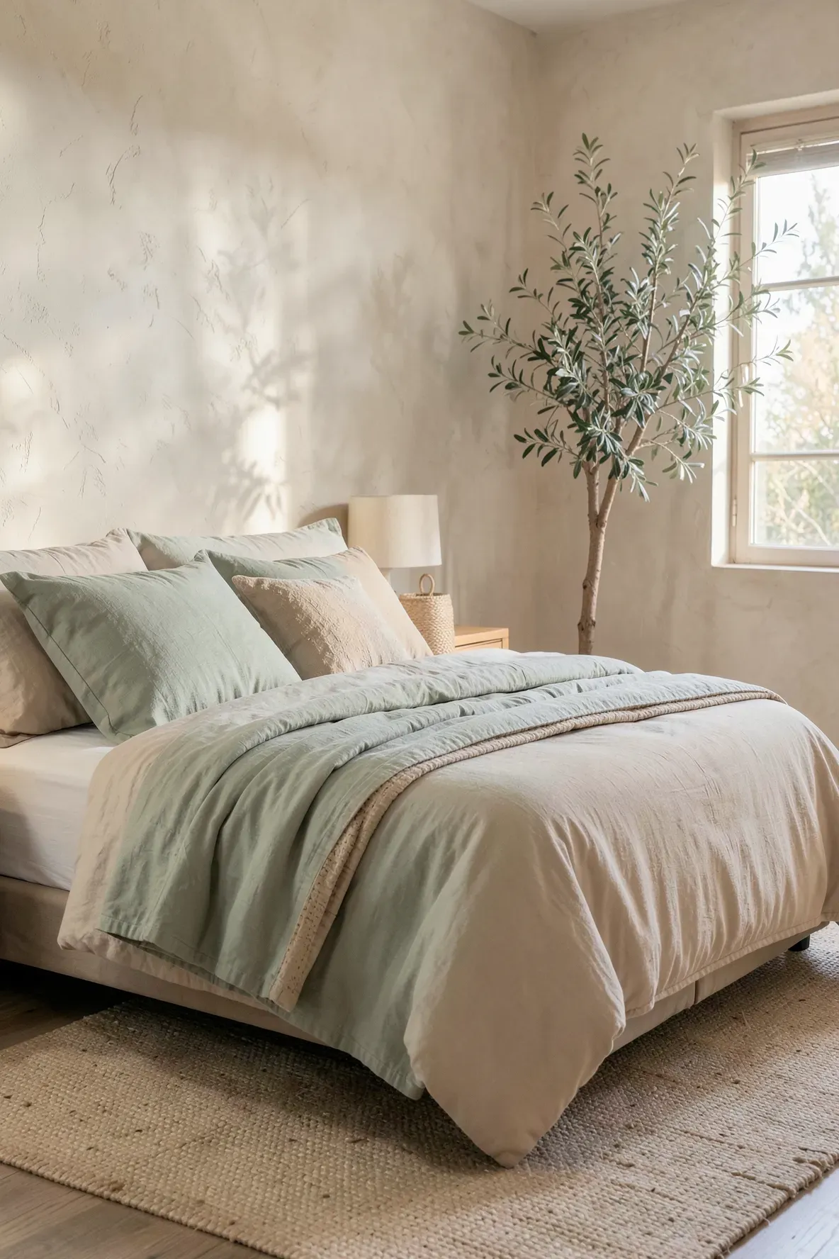 Peaceful bedroom with a reversible sage green and sand beige comforter folded to show both colors.
