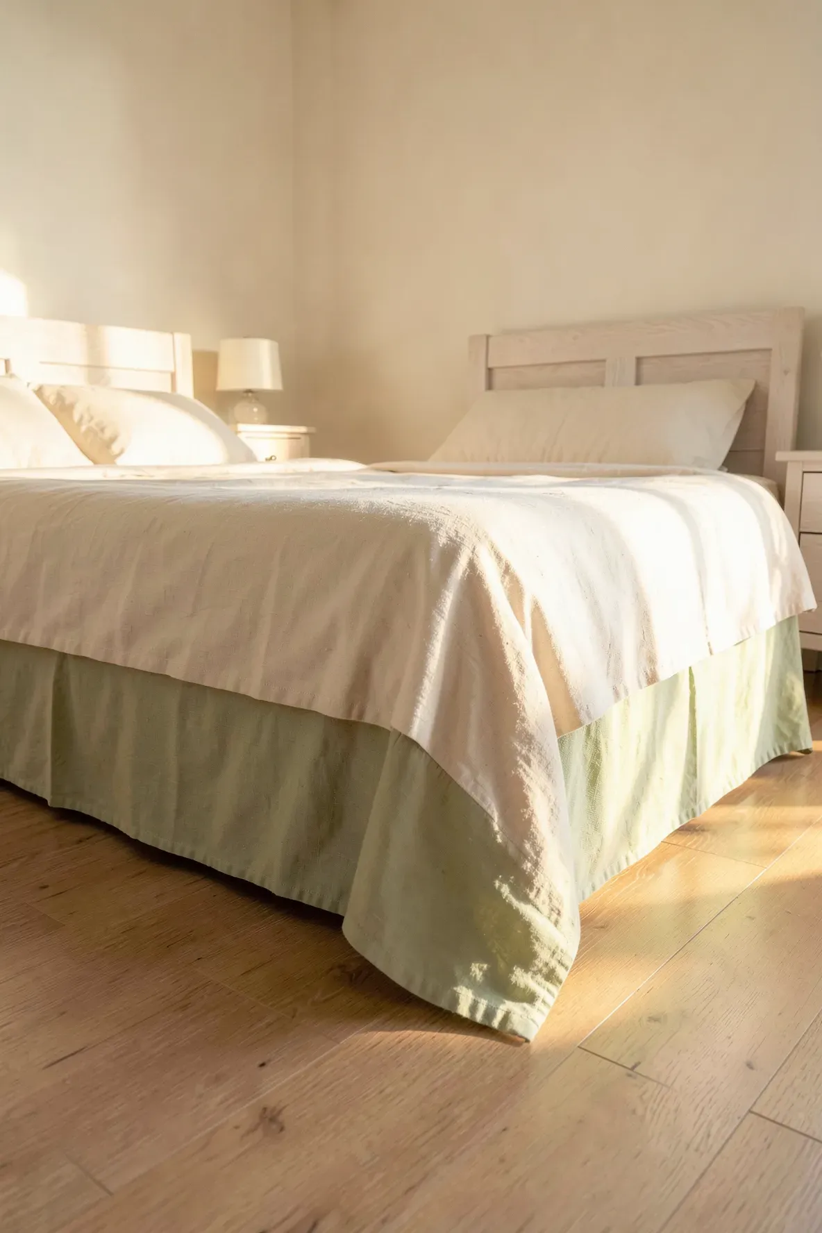 Warm bedroom interior showing a cream duvet paired with a muted pear green linen bed skirt.