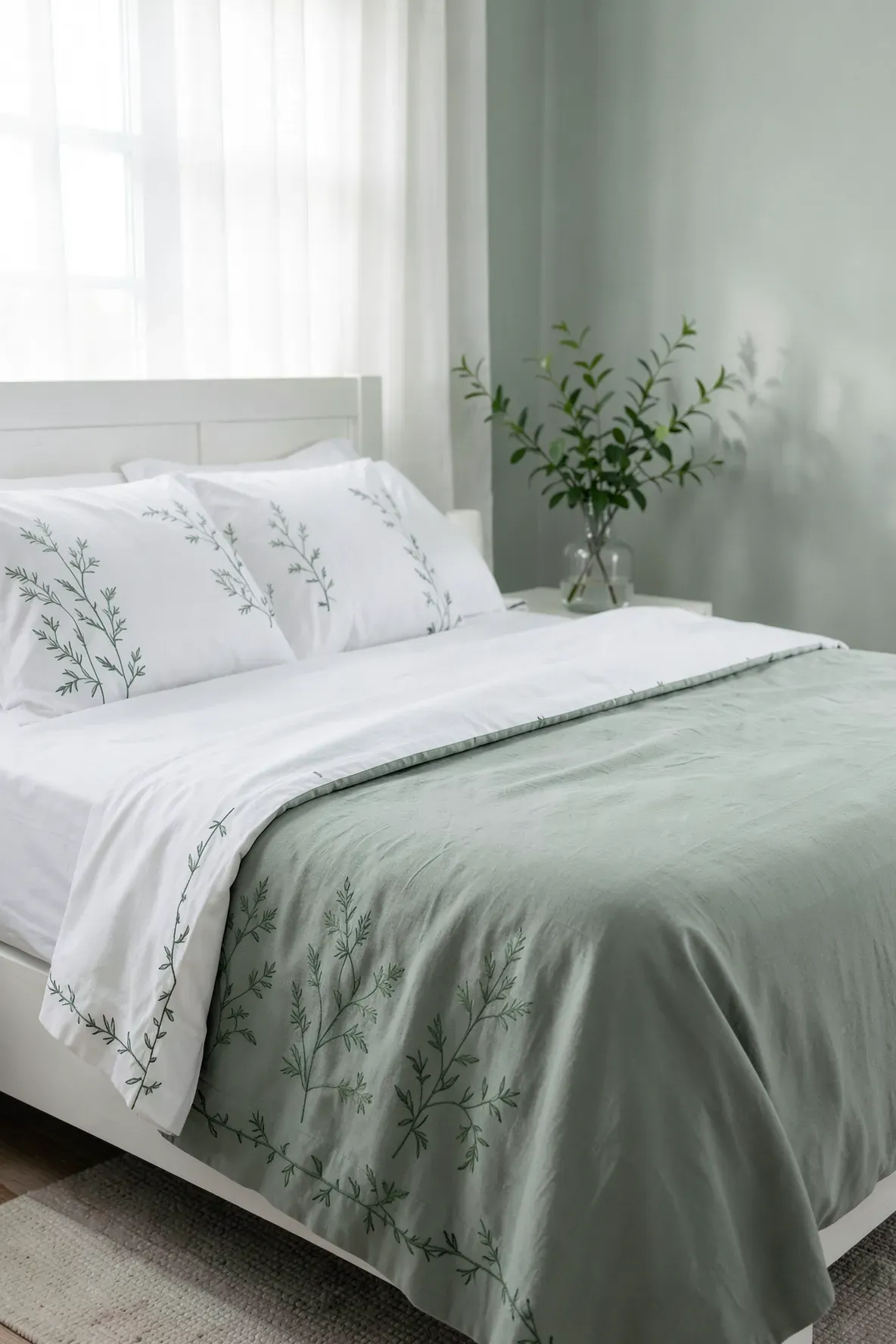 Fresh white bedroom featuring cotton sheets with green botanical embroidery and a sage quilt.