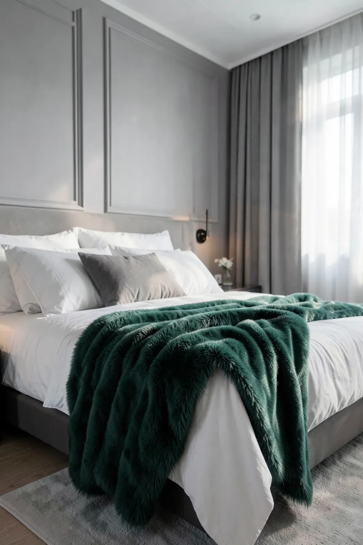 A luxurious bedroom featuring a textured peacock green faux fur throw on a white and gray bed.