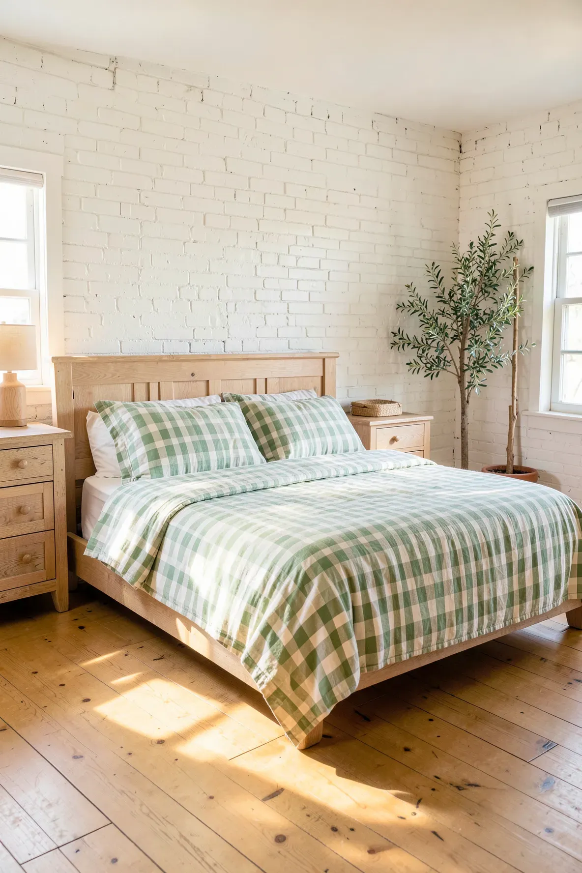 A farmhouse bedroom with a green and white gingham duvet and light wood furniture.
