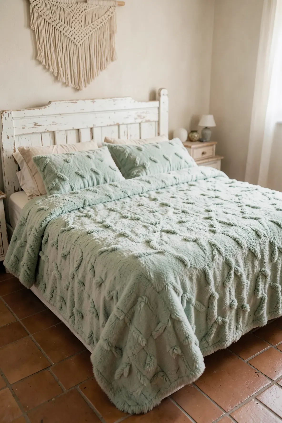 A soft celadon green chenille bedspread with tufted patterns in a bohemian bedroom.