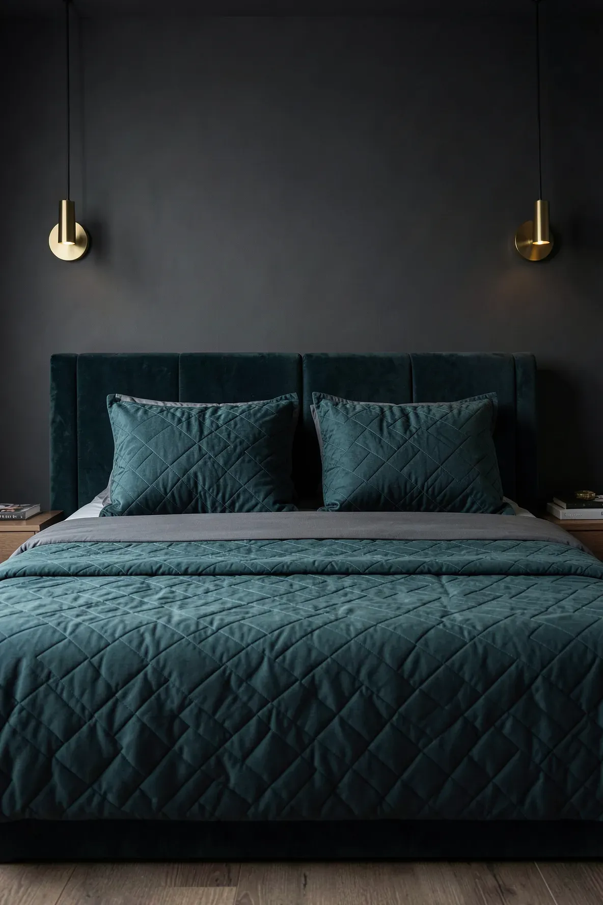 Dark teal quilted shams with geometric stitching on a modern bed against a dark wall.