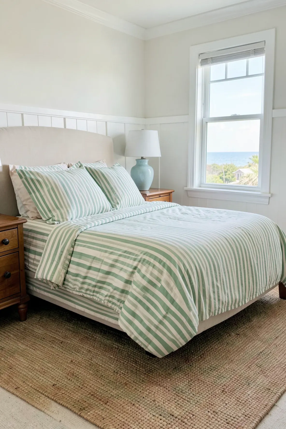 A coastal bedroom with green and cream ticking stripe bedding and white walls.