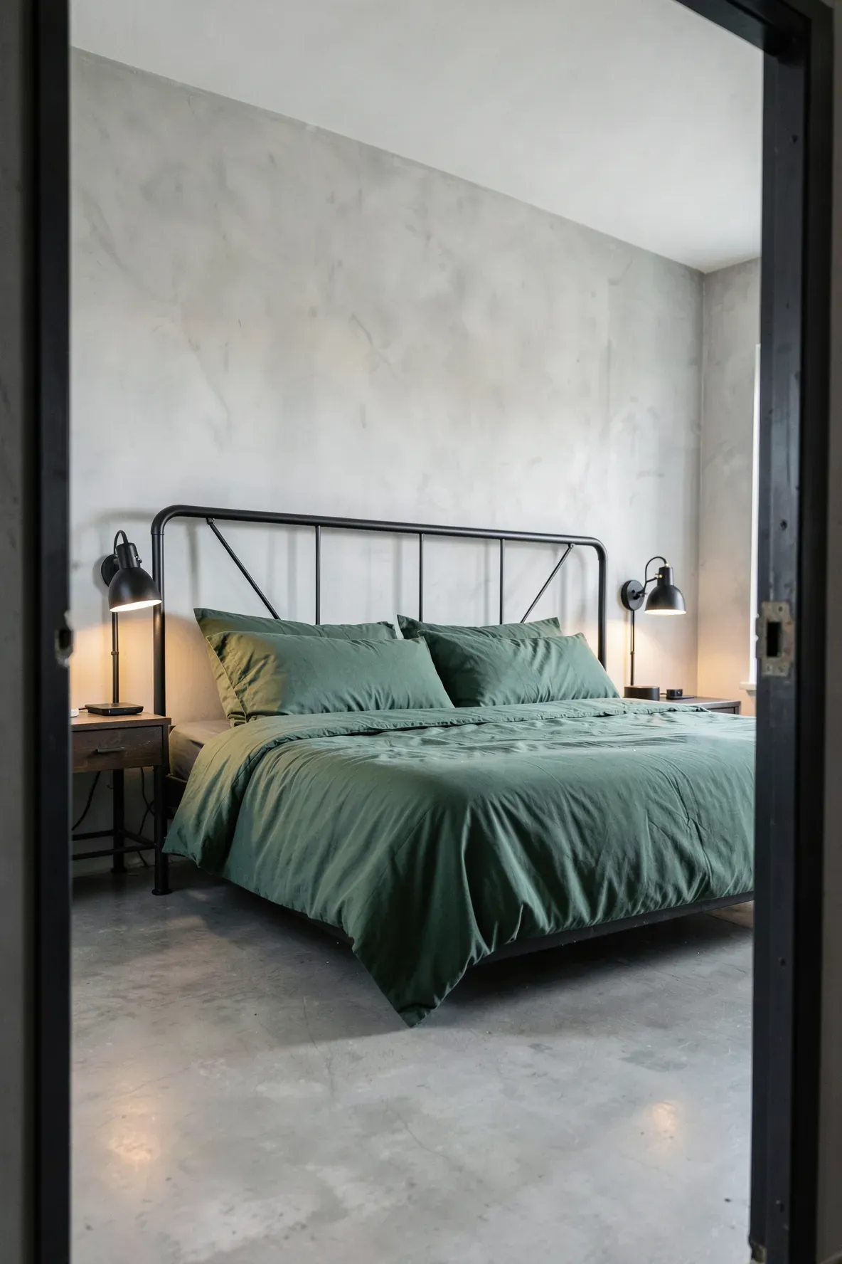 A solid basil green comforter on a black metal bed frame in a modern room.