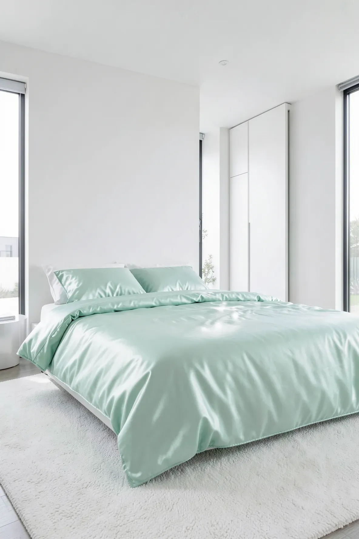 A modern minimalist bedroom featuring a shiny spearmint green silk duvet.