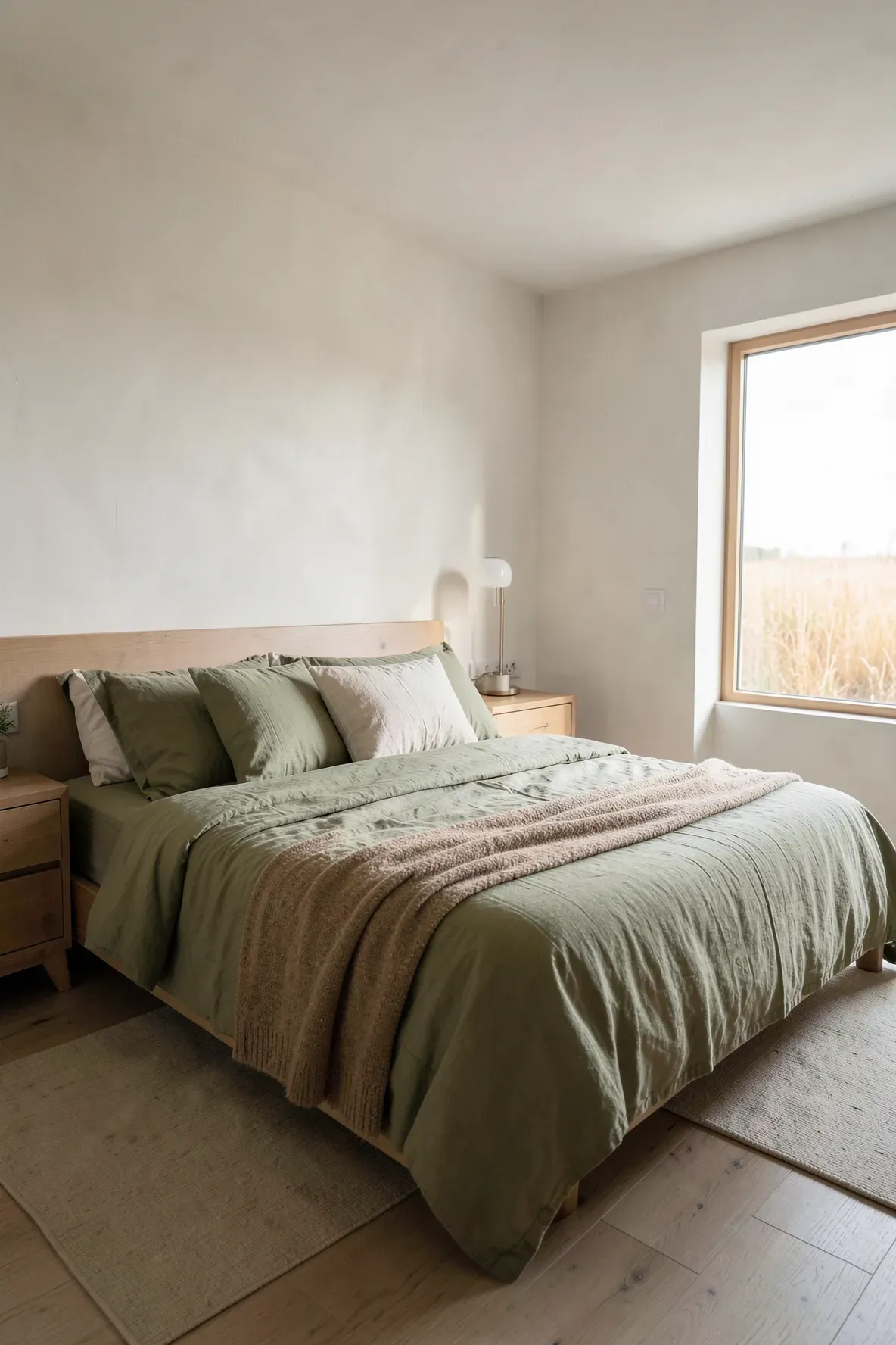 A wide shot of a bedroom with khaki green linen sheets and tan accents in soft natural light.