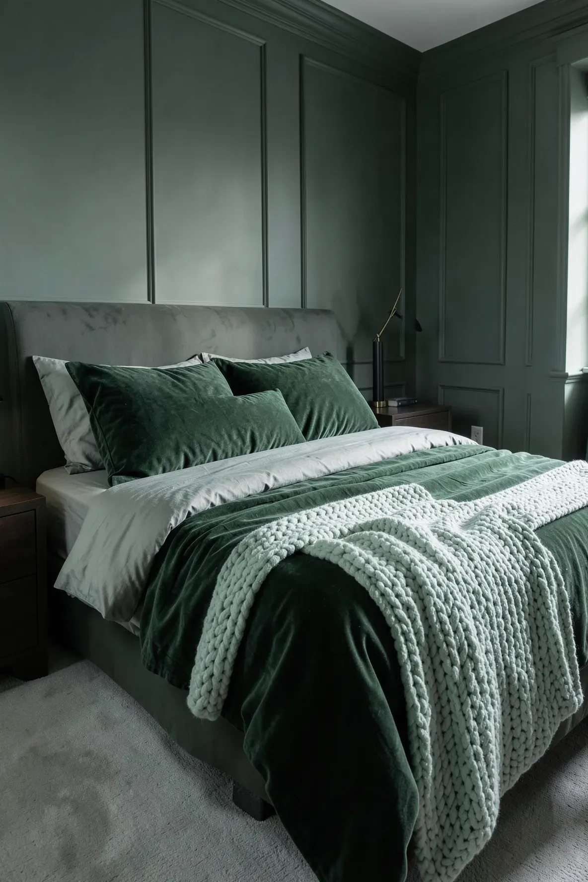 A designer bedroom featuring layered green bedding in forest, sage, and mint shades with rich textures.
