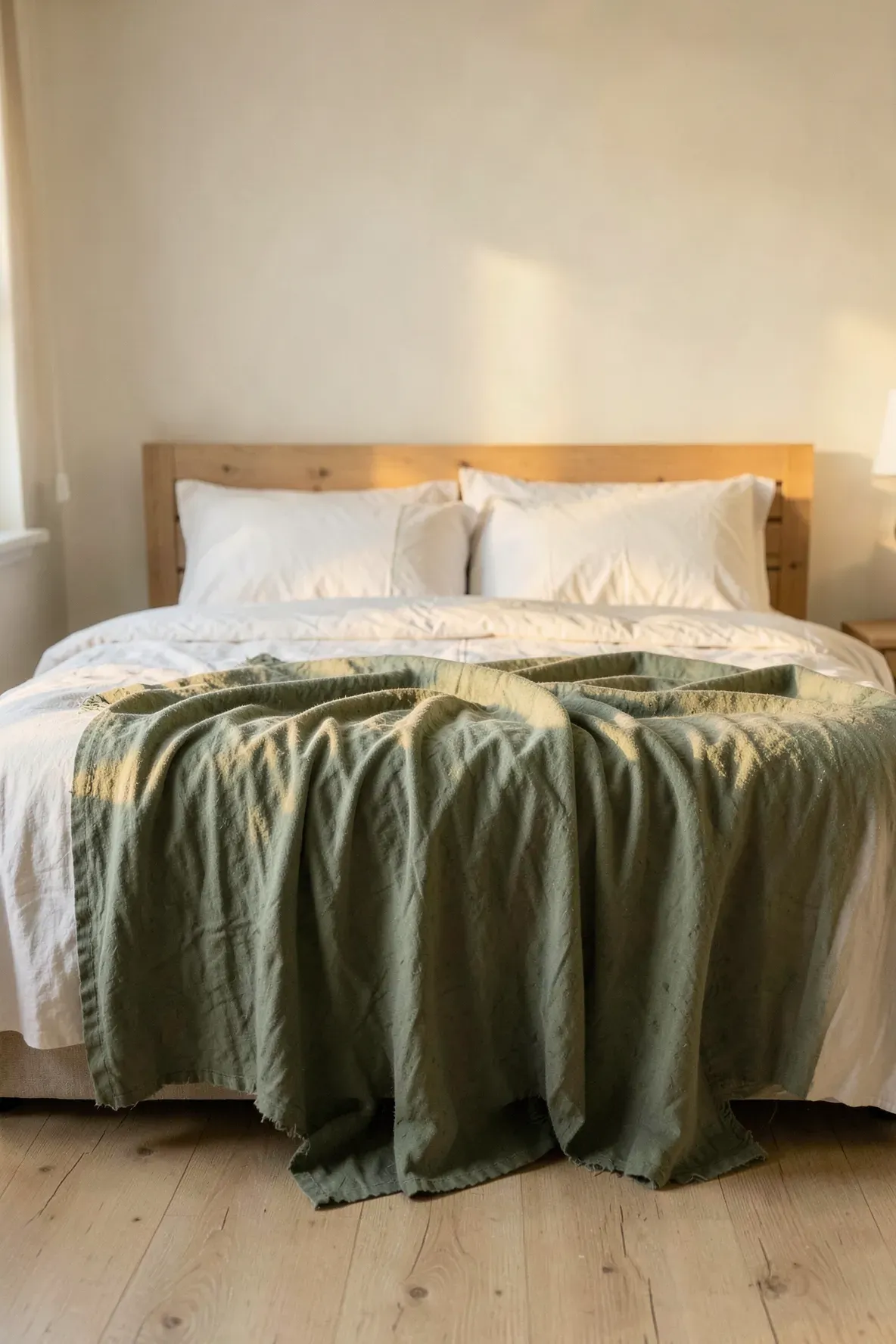 A relaxing bedroom with a soft, faded moss green muslin throw blanket draped over white bedding.