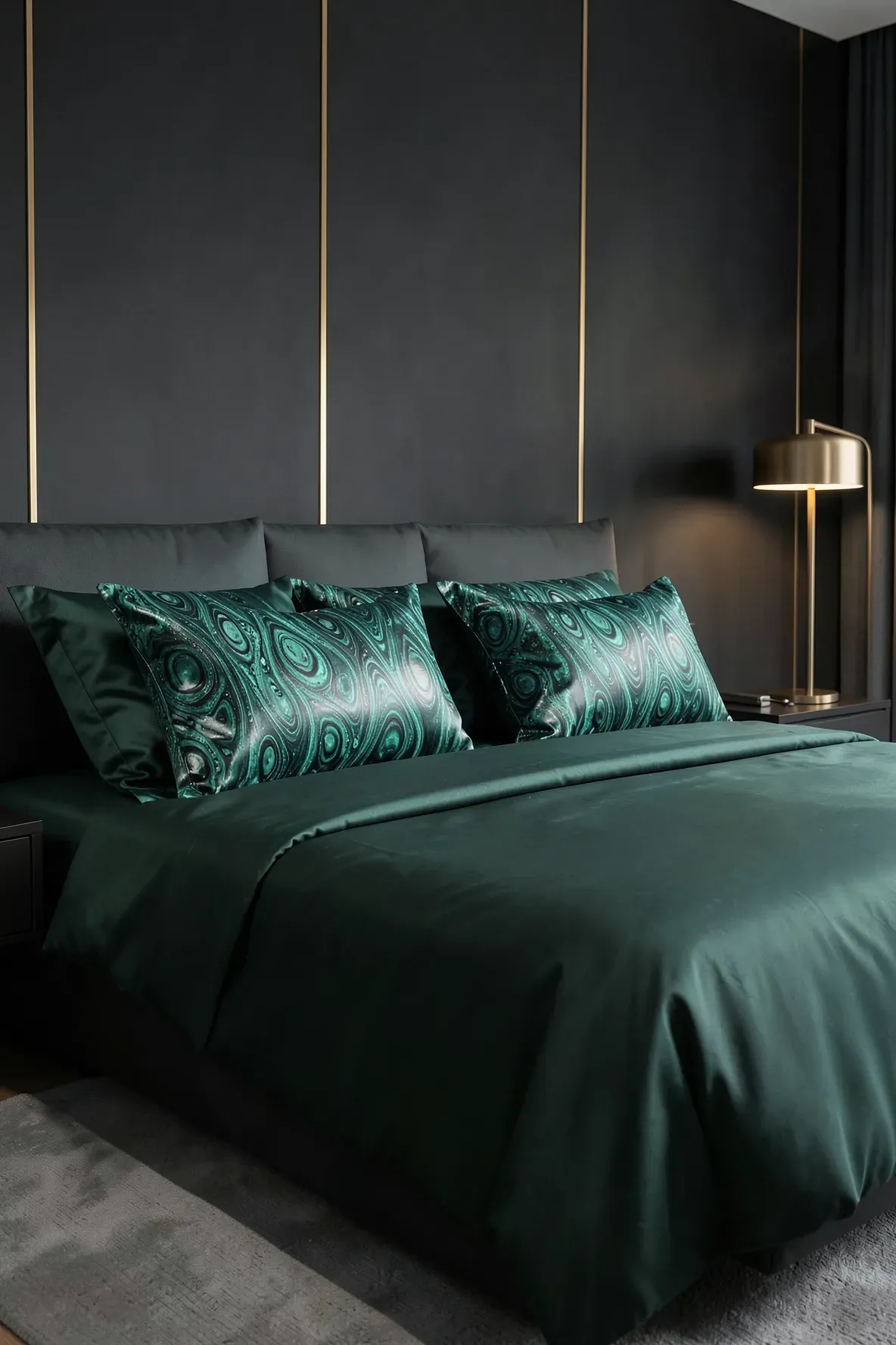 Glossy malachite patterned pillows on a dark green bed in a sophisticated, modern bedroom.