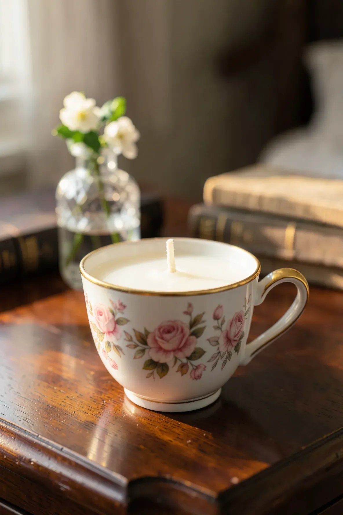 A white soy wax candle inside a vintage floral tea cup on a wooden table.
