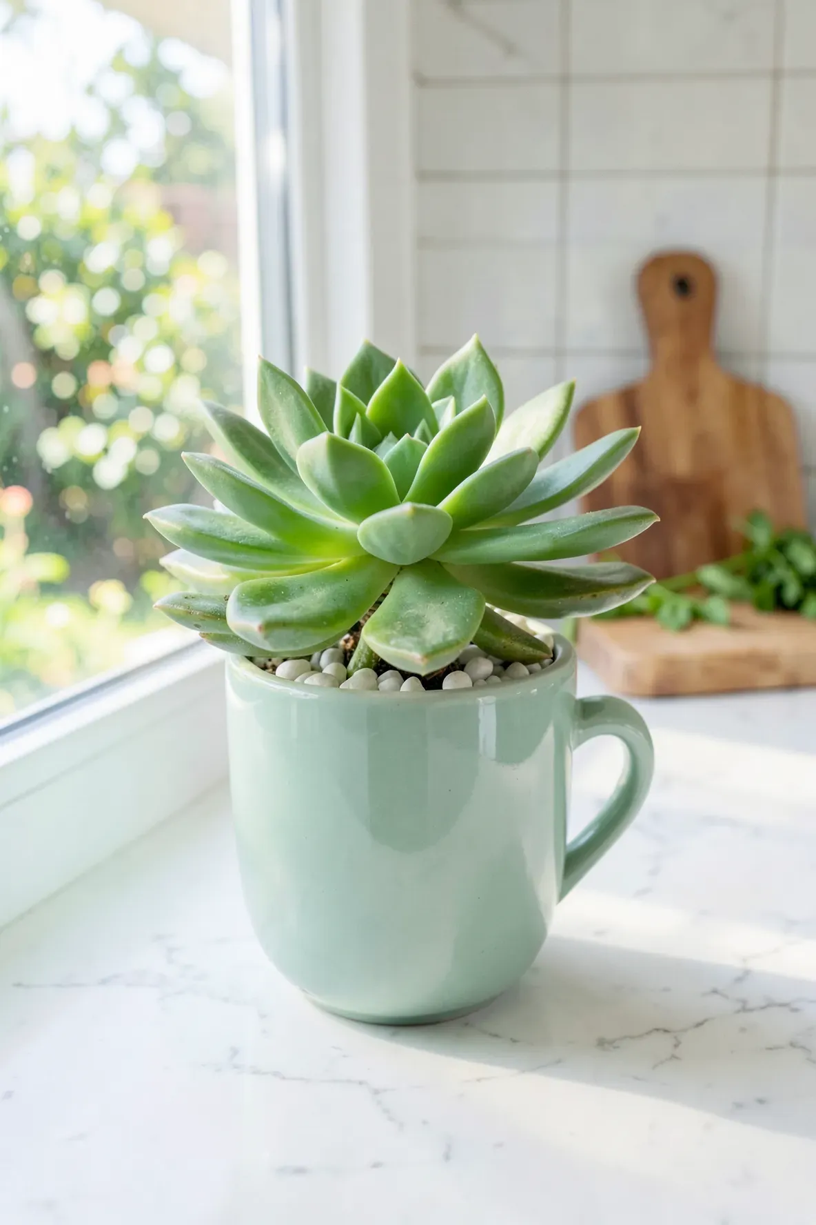 A green succulent growing in a mint ceramic tea cup on a sunny marble windowsill.